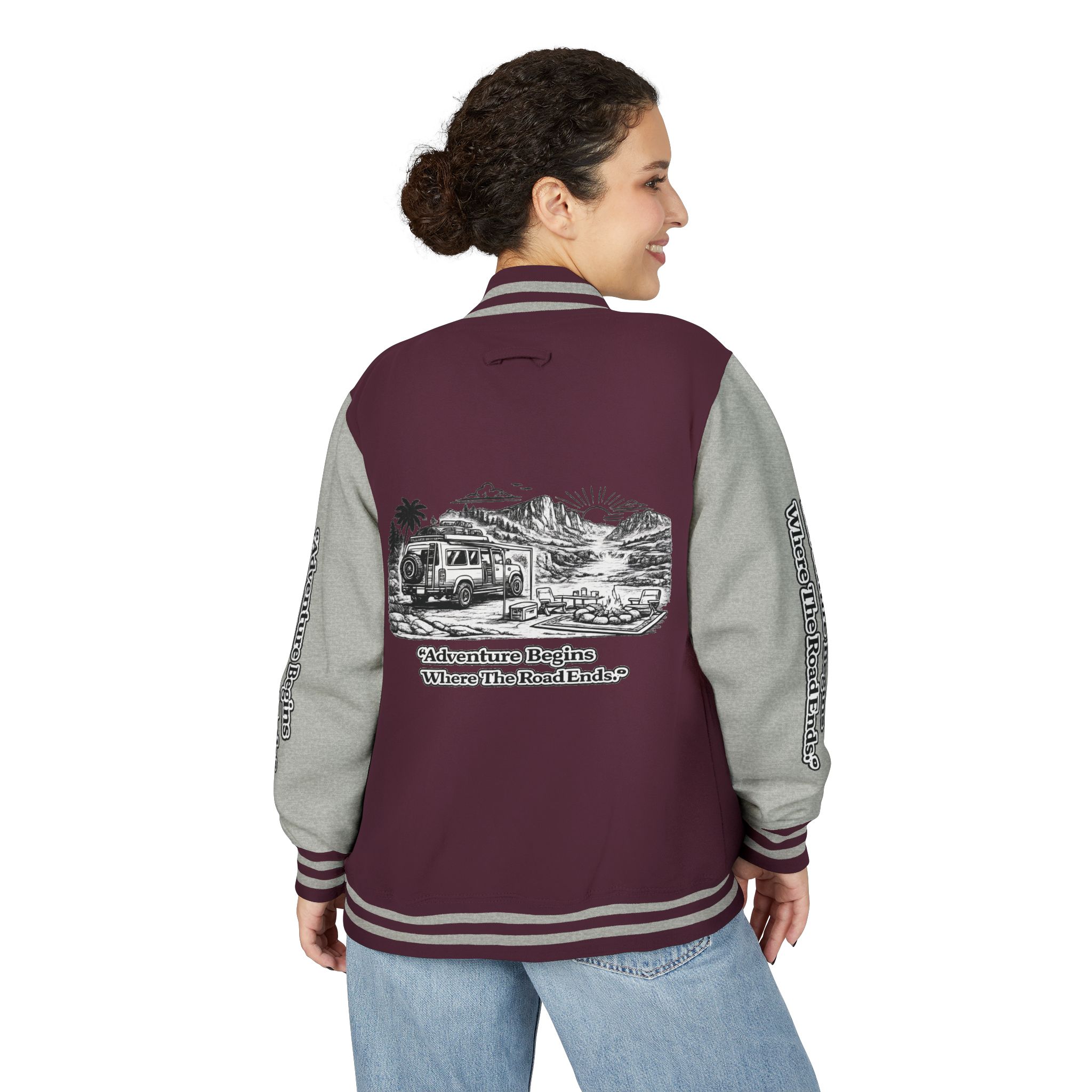 1237629145560947791_2048-1.jpeg Unisex Heavyweight Letterman Jacket — "Adventure Begins Where The Road Ends" Travel Varsity Coat