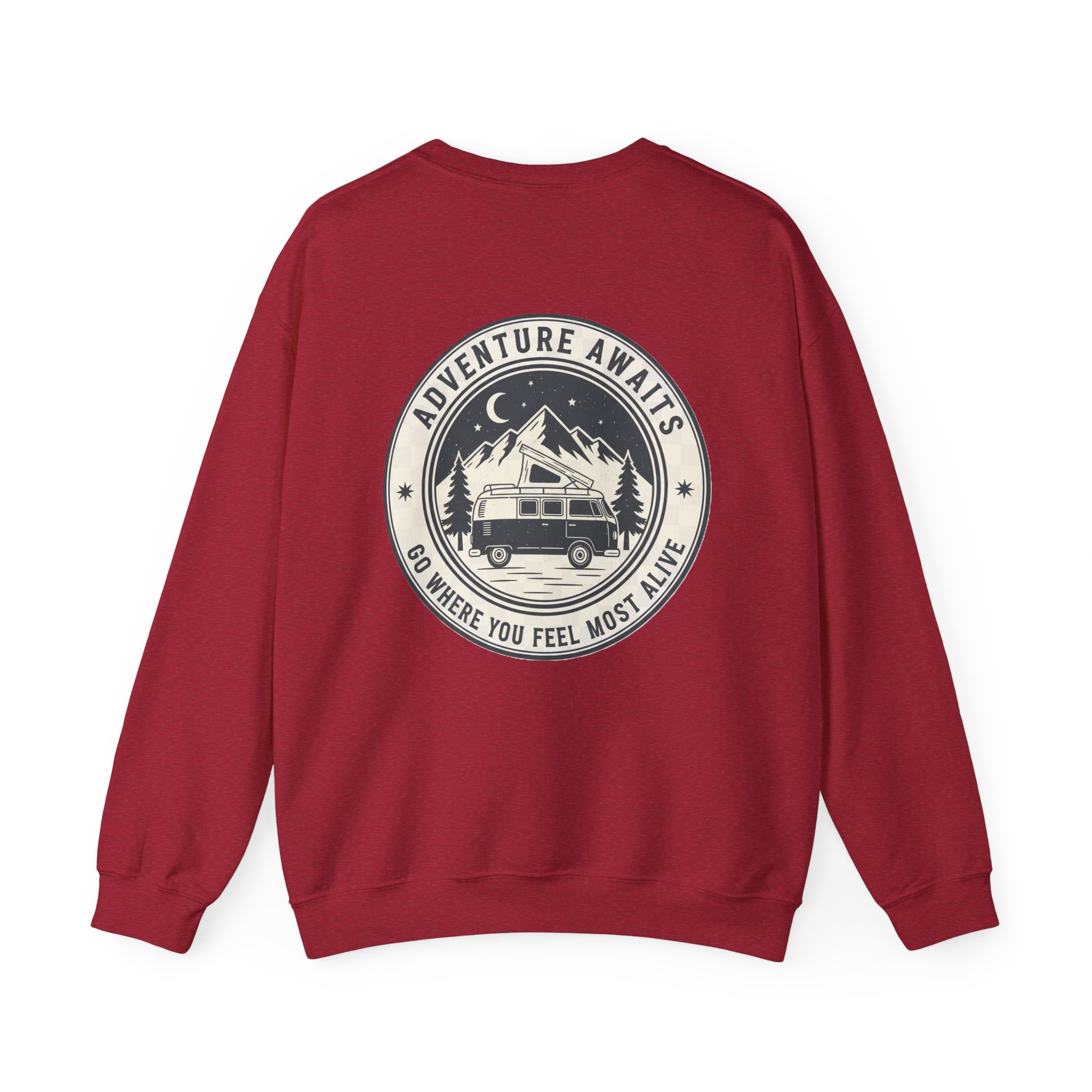 1238264649756911727_2048.jpeg Crewneck Sweatshirt — "Adventure Awaits-Go Where You Feel Most Alive" (Only Back printed) Vintage Camper Van Outdoor Graphic