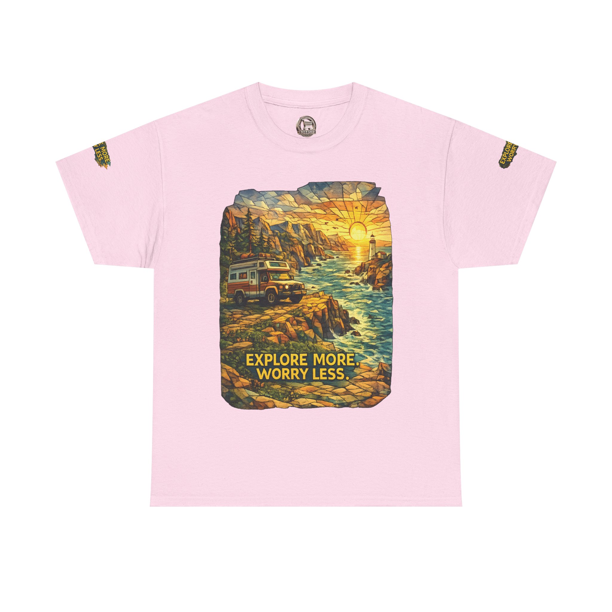 Unisex Heavy Cotton Tee — "Explore More Worry Less" Design Cubic-Line