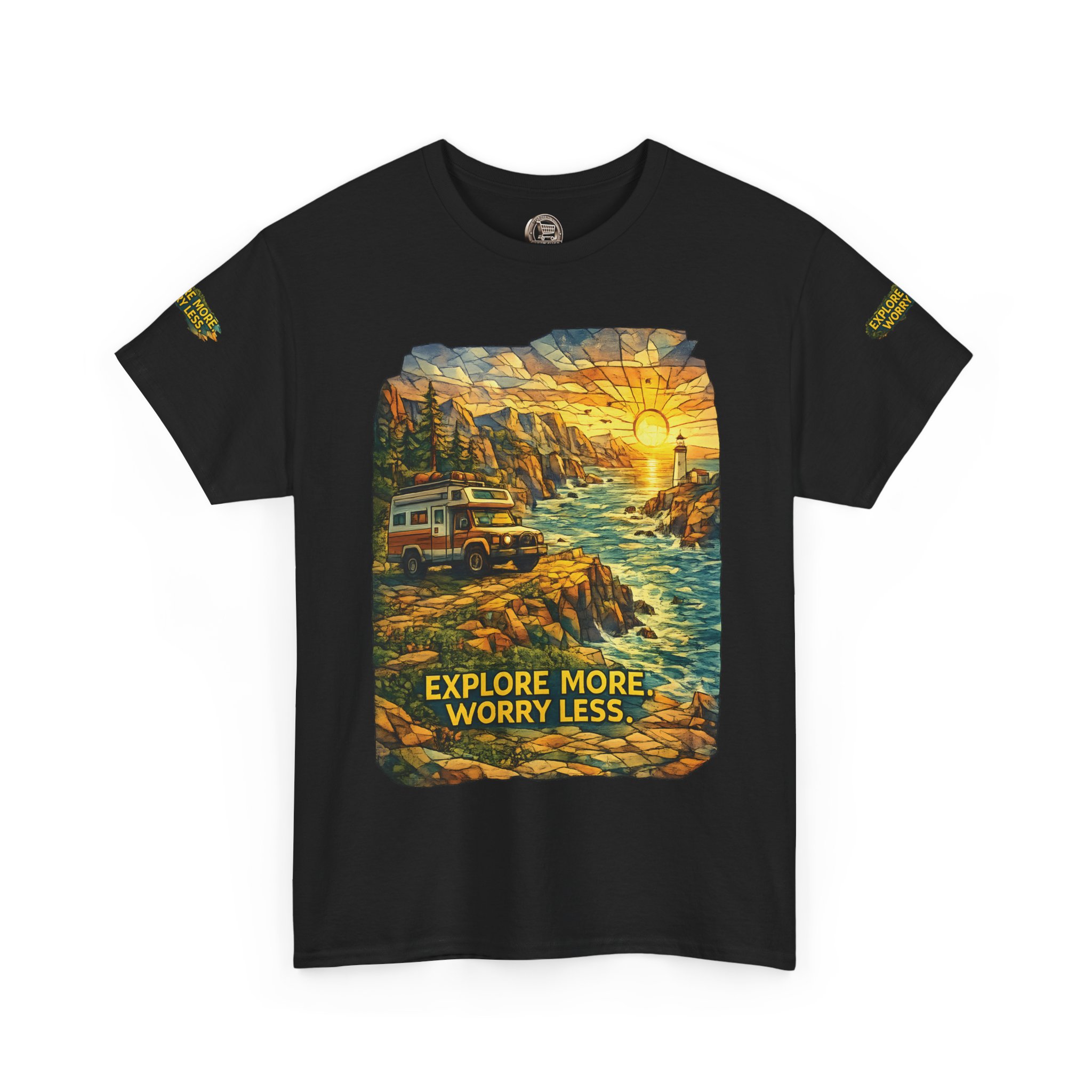 Unisex Heavy Cotton Tee — "Explore More Worry Less" Design Cubic-Line