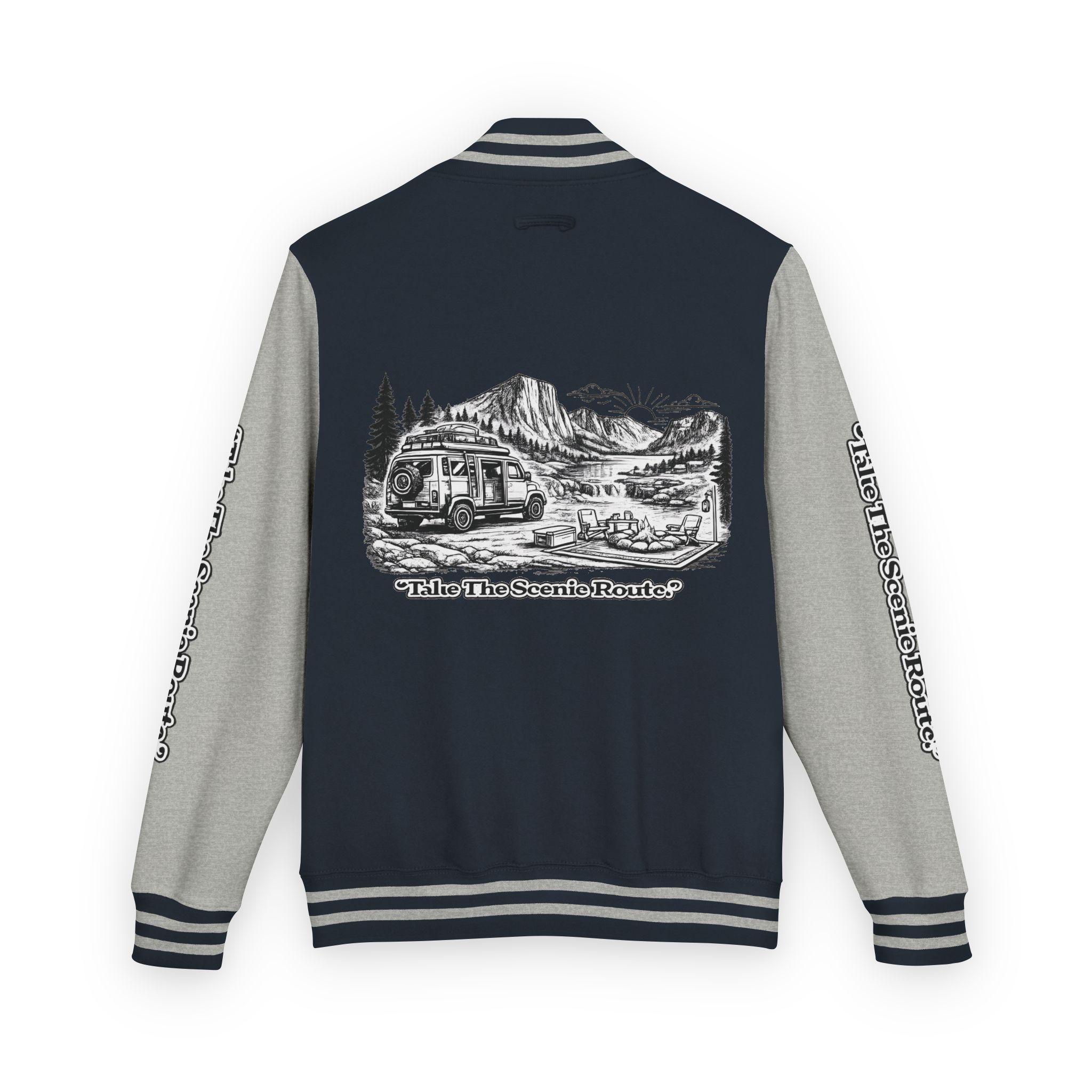 Unisex Heavyweight Letterman Jacket — "Take The Scenic Route" Travel Varsity Coat