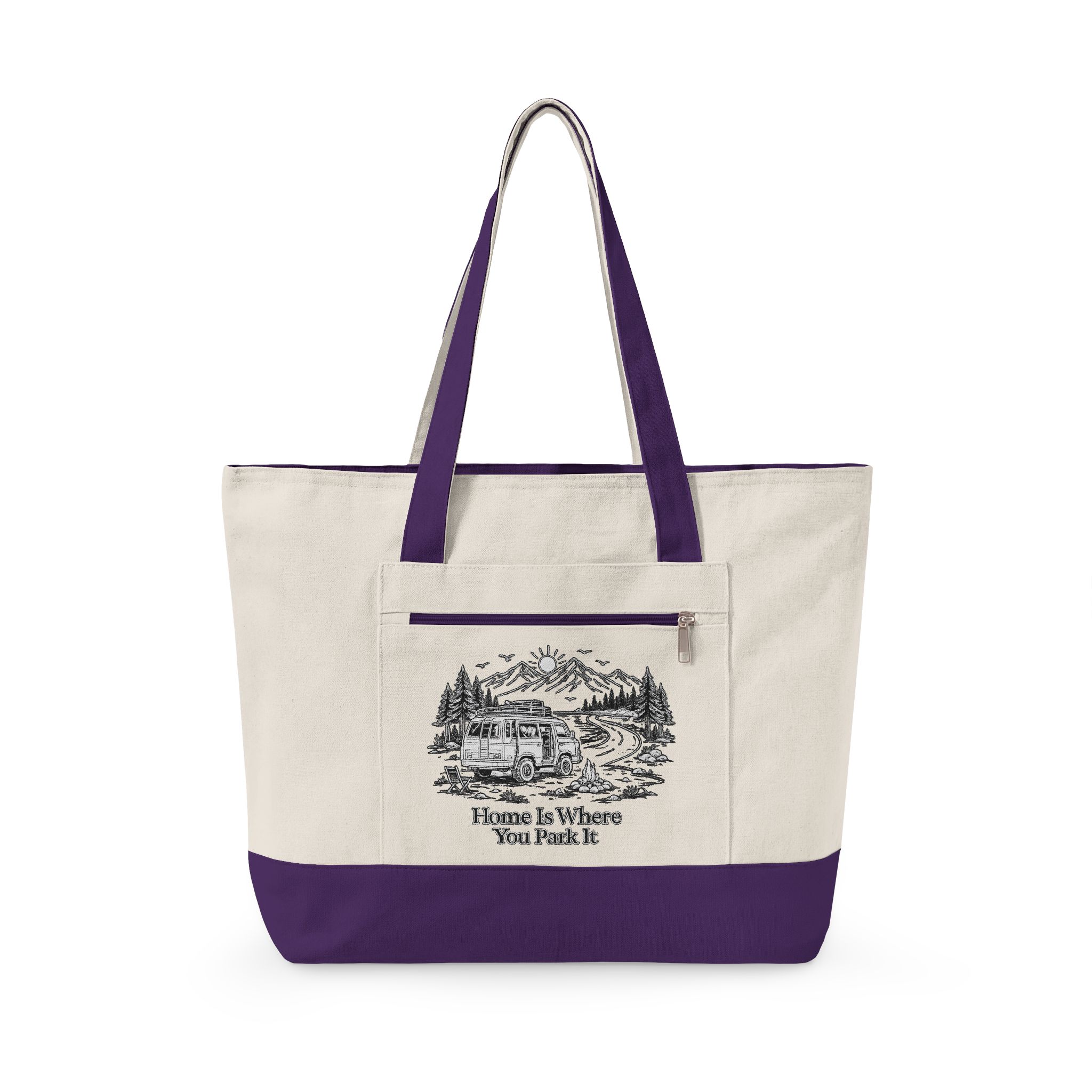 Zippered Canvas Tote — "Home Is Where You Park It" (Design Minimal-Line)