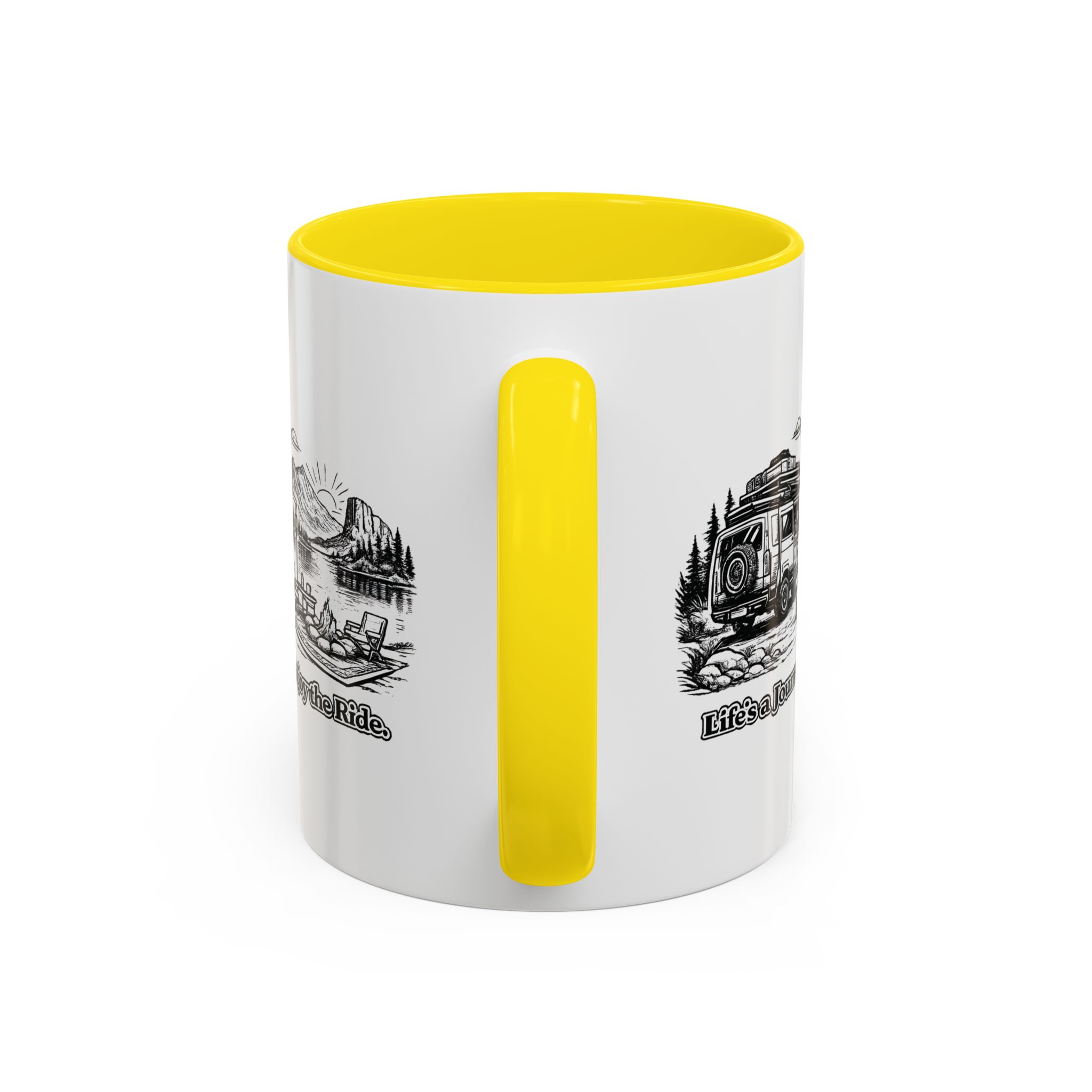 Accent Coffee Mug (11, 15oz) — "Lifes A Journey,Enjoy The Ride" Design Minimal-Line