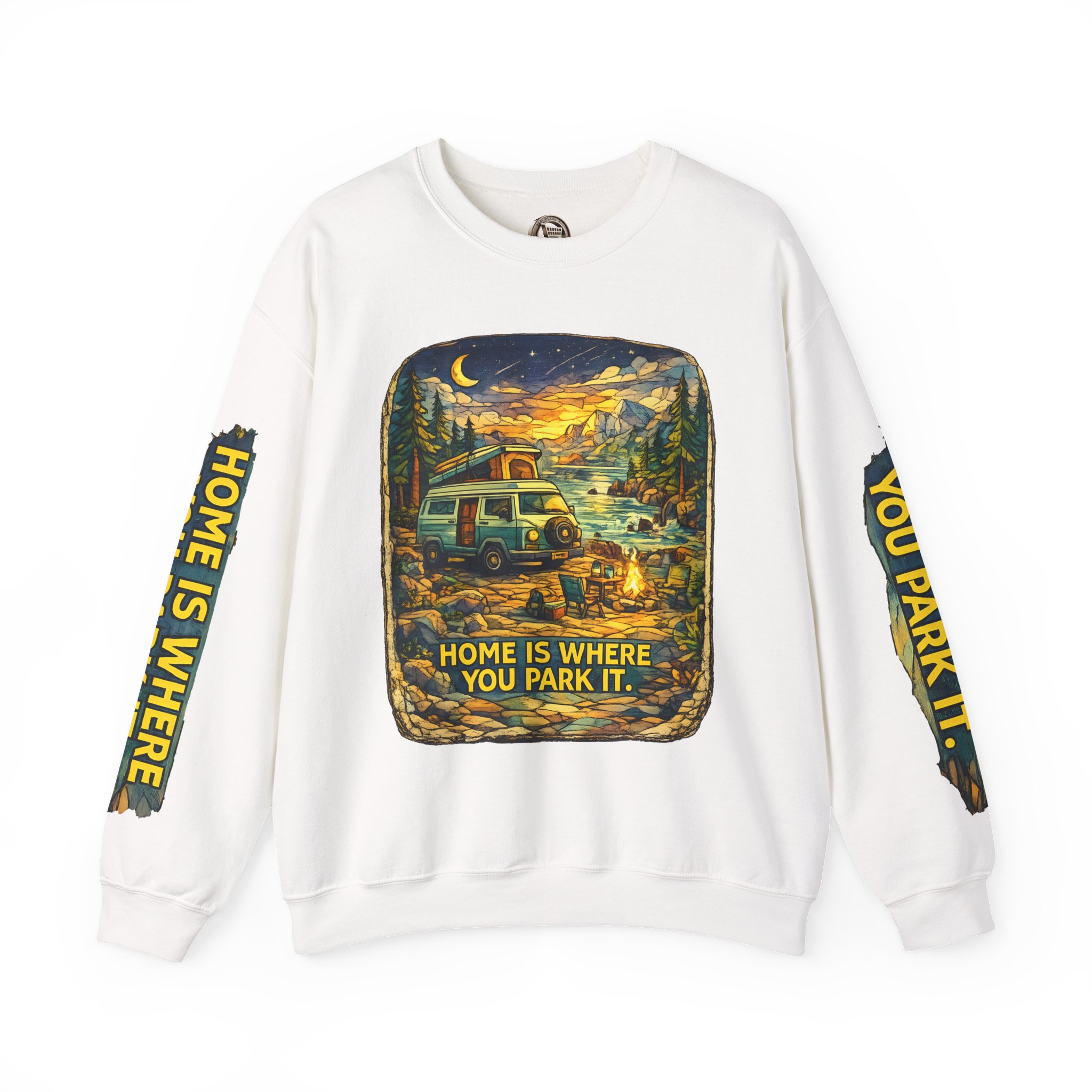 Unisex Heavy Blend™ Crewneck Sweatshirt — "Home Is Where You Park It" Design Cubic-Line