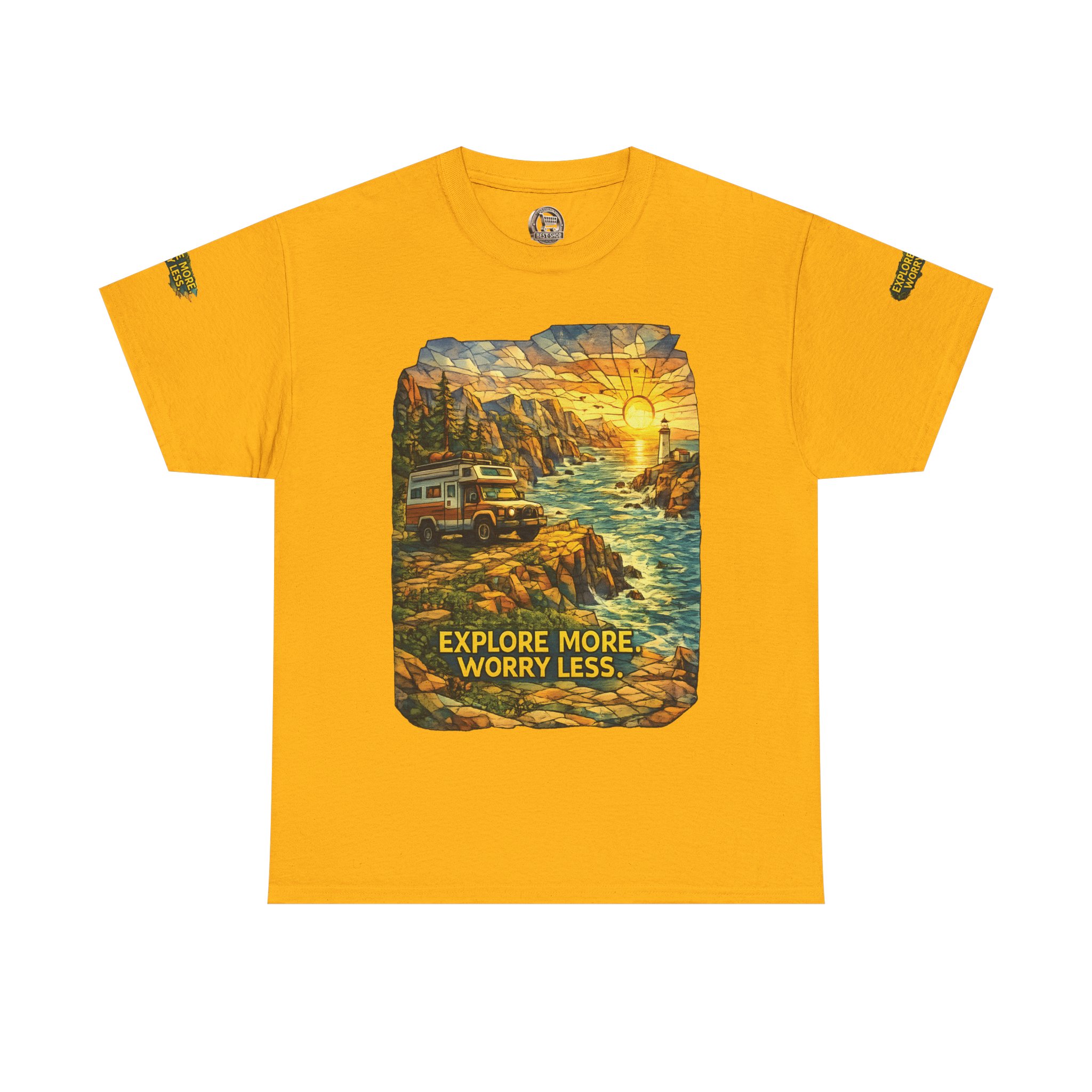 Unisex Heavy Cotton Tee — "Explore More Worry Less" Design Cubic-Line