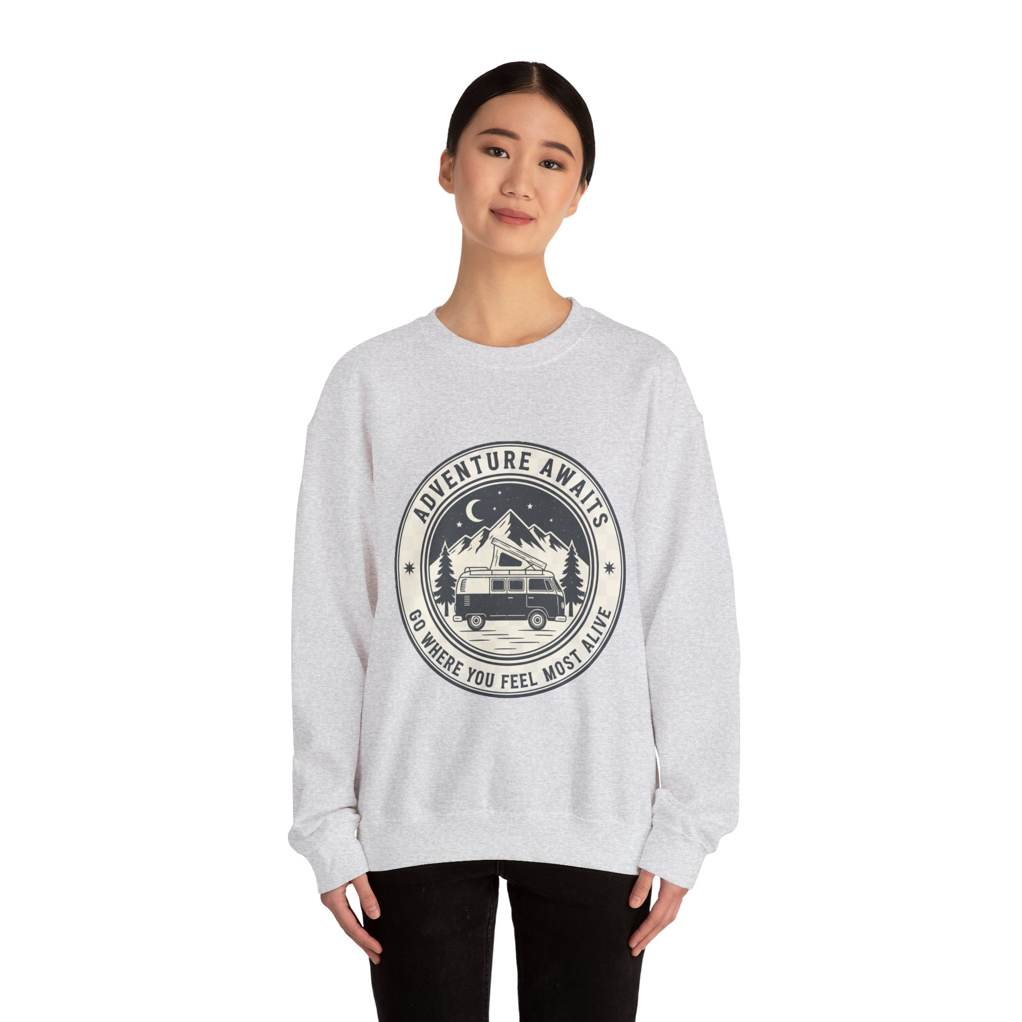 12419931778250977879_2048-1.jpeg Crewneck Sweatshirt — "Adventure Awaits-Go Where You Feel Most Alive" (Only Font + Back printed) Vintage Camper Van Outdoor Graphic
