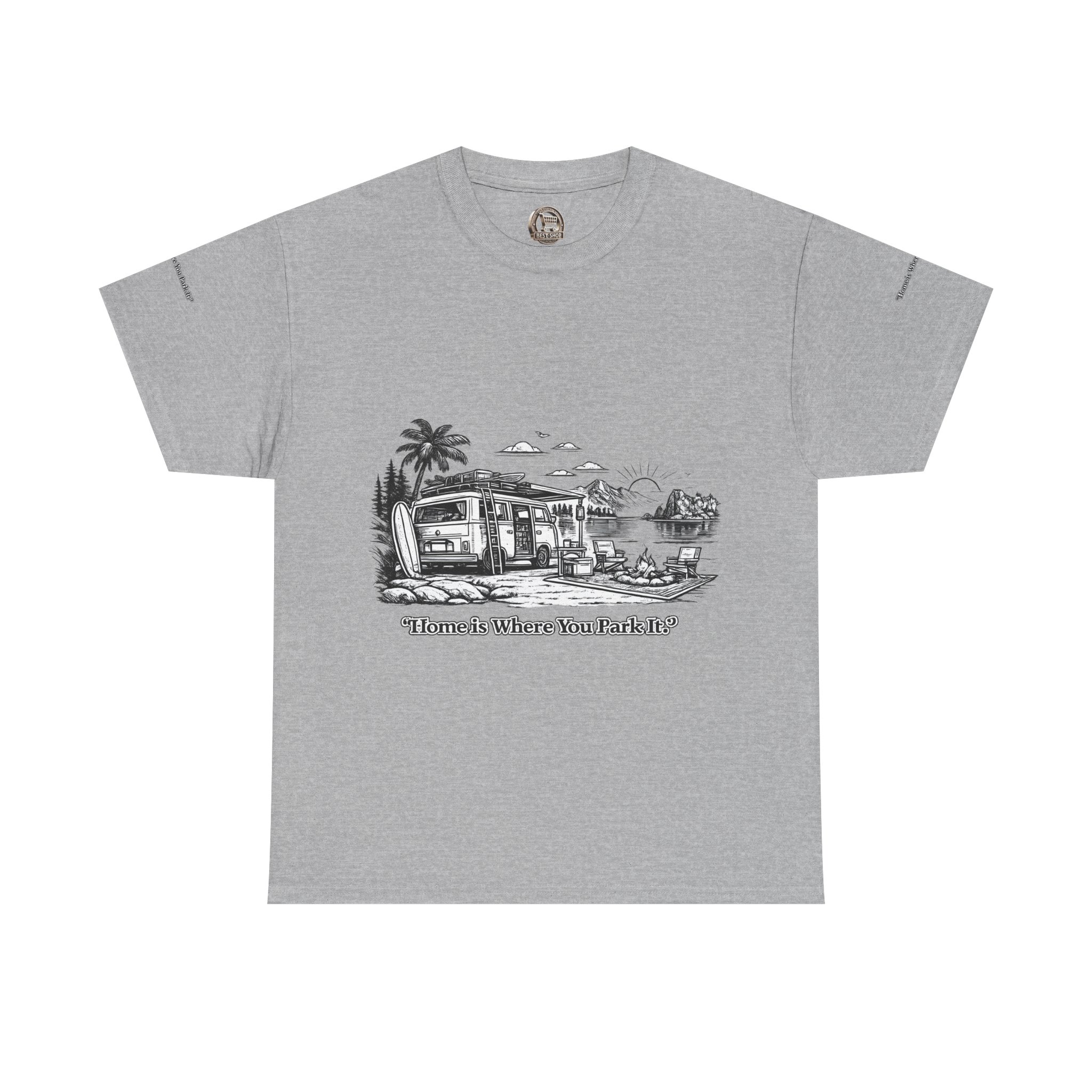 12427159371196902617_2048.jpeg Unisex Heavy Cotton Tee — "Home Is Where You Park It" Design Minimal-Line
