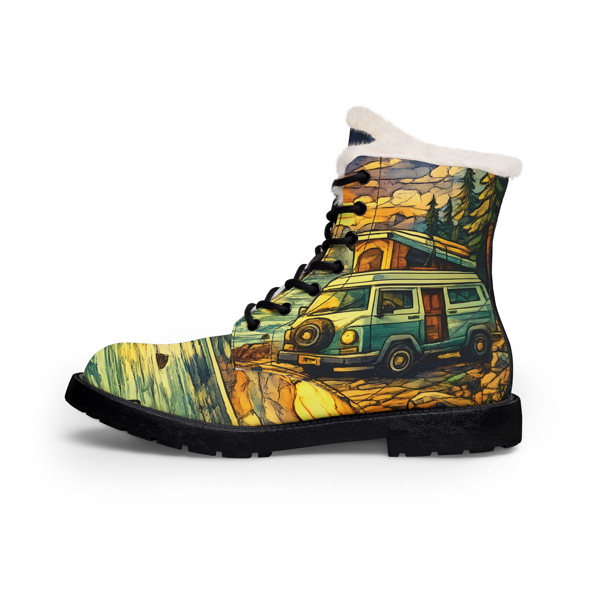 Women's Fur and Leather Boots — Retro VW camper Boots (Cubic-Line)