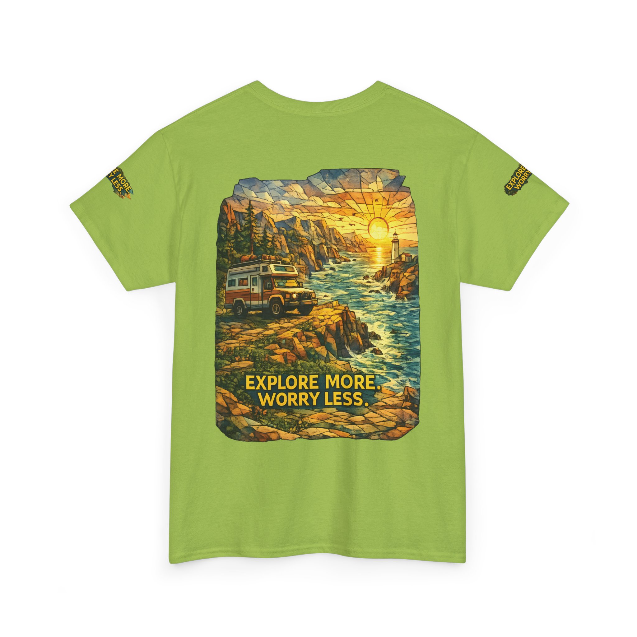 Unisex Heavy Cotton Tee — "Explore More Worry Less" Design Cubic-Line