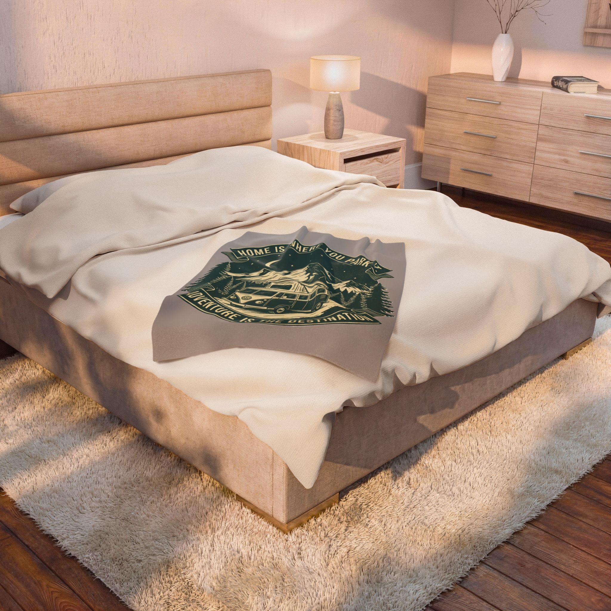 Velveteen Blanket —"Home Is Where You Park It-Adventure is the destination" Camper Throw