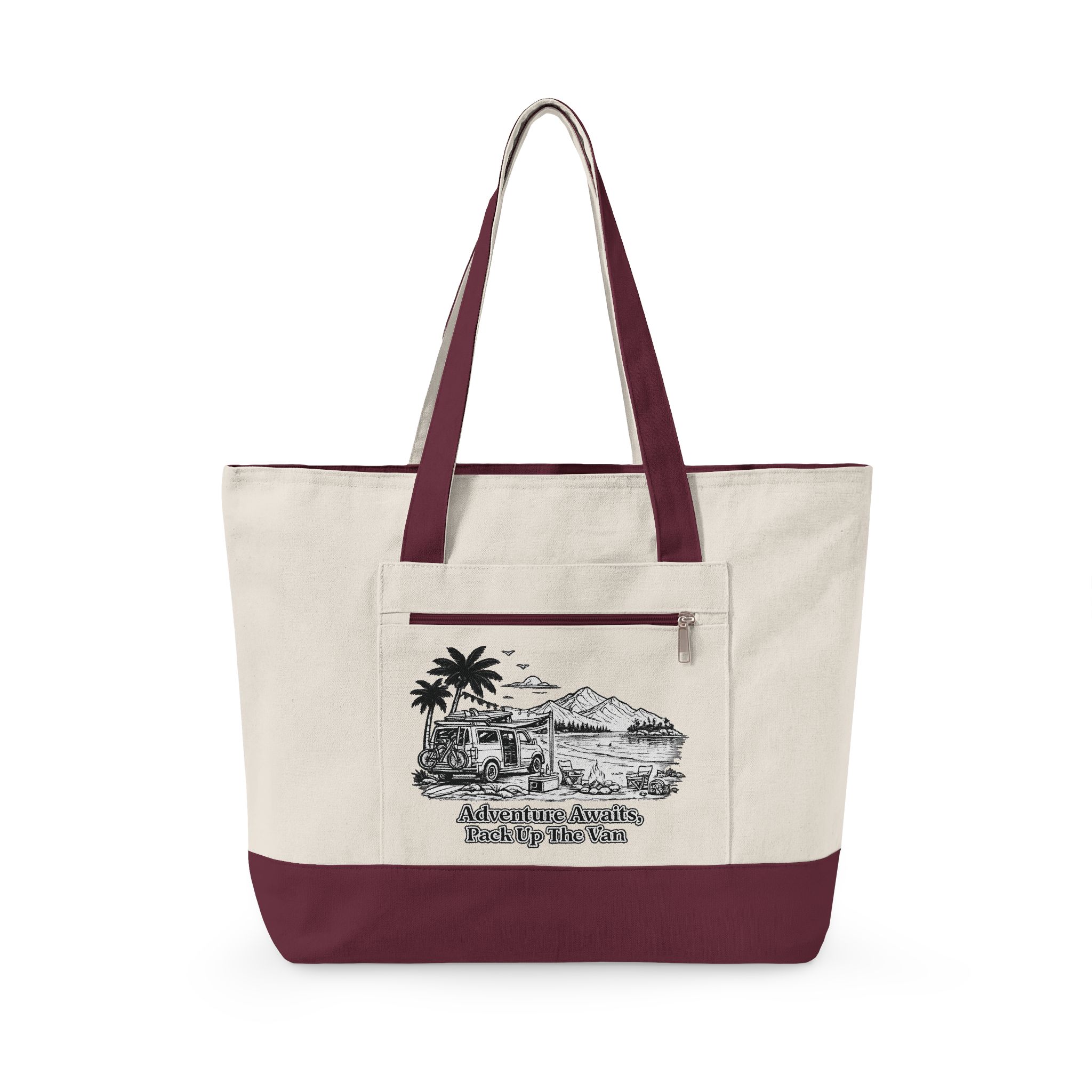 Zippered Canvas Tote — "Adventure Awaits" (Design Minimal-Line)