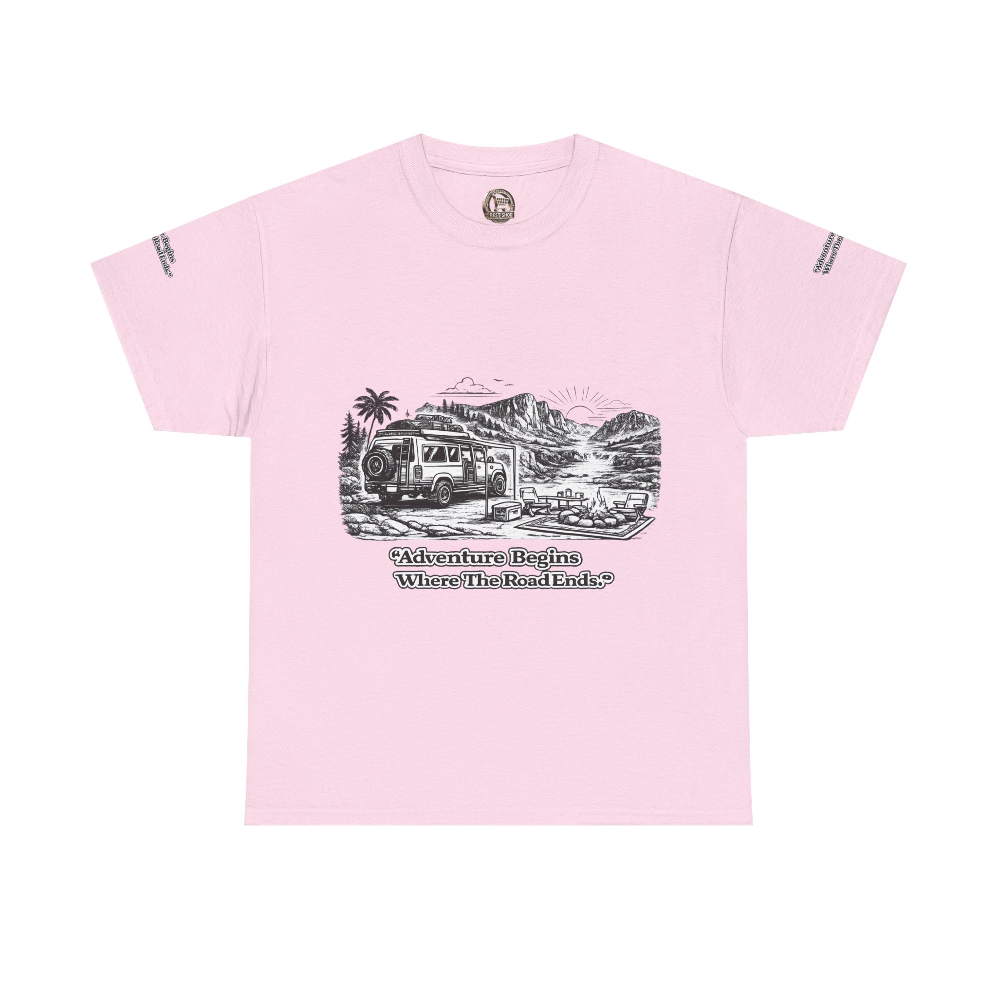 Unisex Heavy Cotton Tee — "Adventure Begins Where The Road Ends" Design Minimal-Line