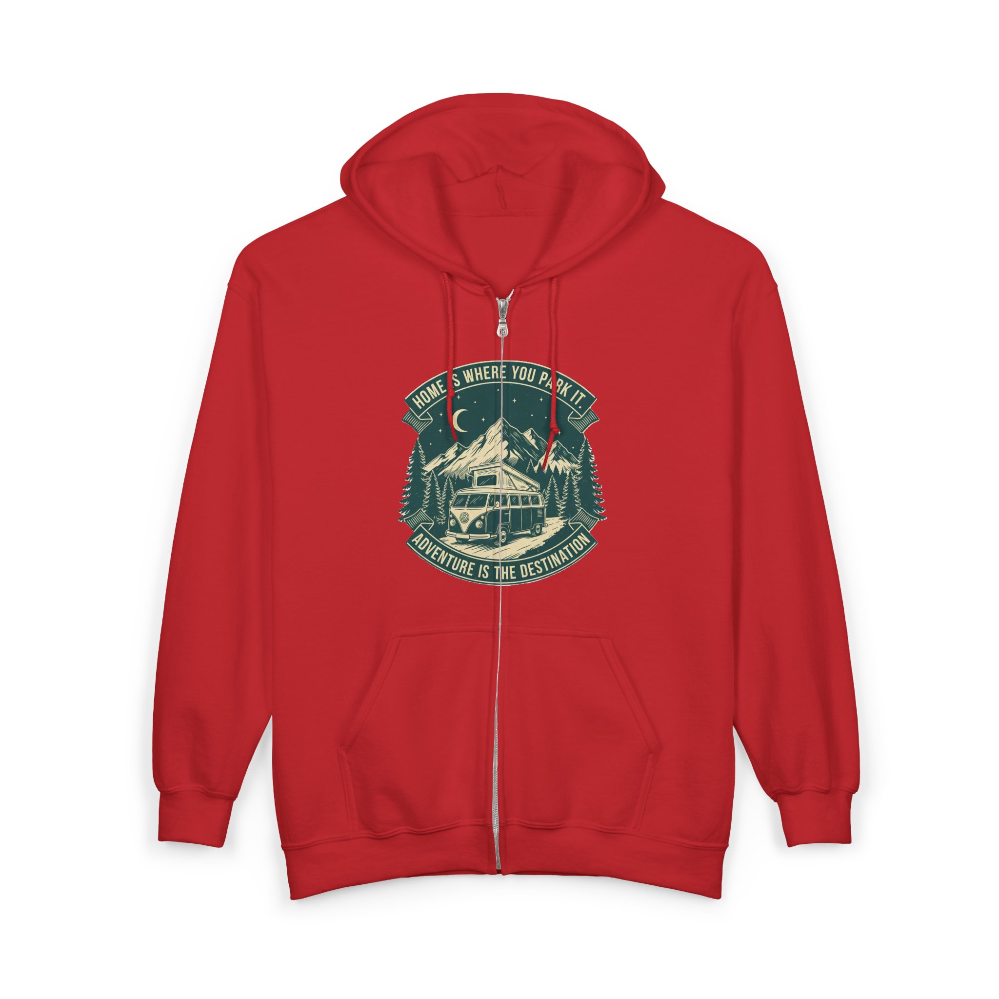 Zip Hoodie — "Home Is Where You Park It-Adventure is the destination"(Only Front Printed) Camper Van Adventure Zip-Up