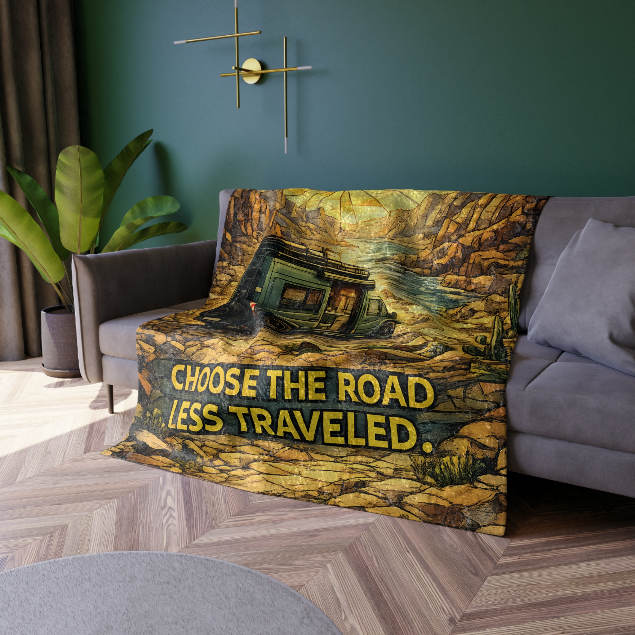 Crushed Velvet Blanket —"Choose The Road Less Traveled" Design Cubic-Line (Campervan)