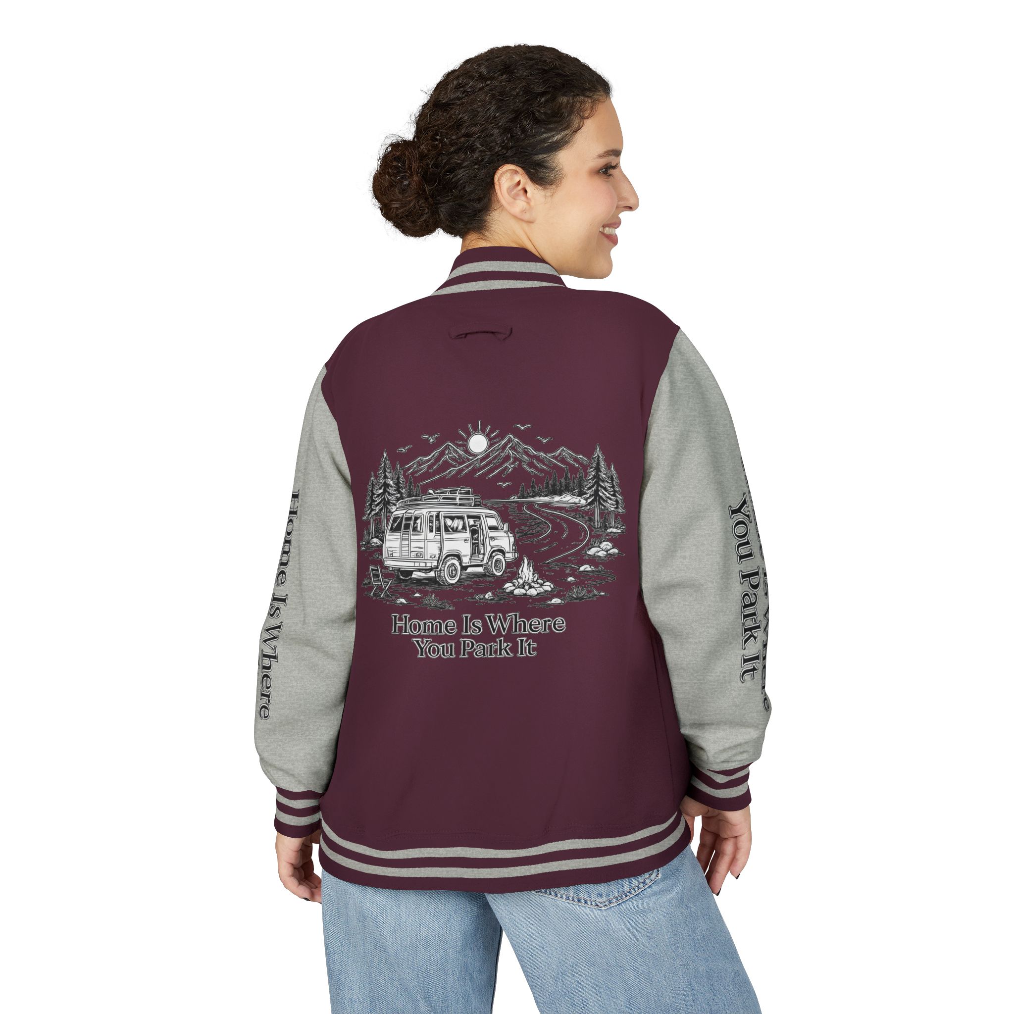 Unisex Heavyweight Letterman Jacket — "Home Is Where You Park It" Travel Varsity Coat