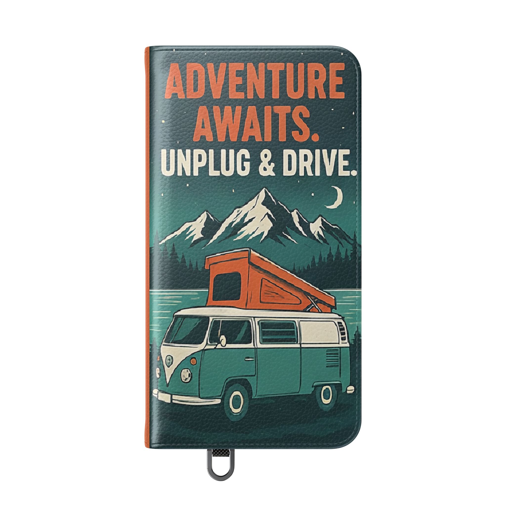 Flip Phone Case — "Adventure Awaits, Fuel Your Journey, Not the WiFi" Wallet Cover