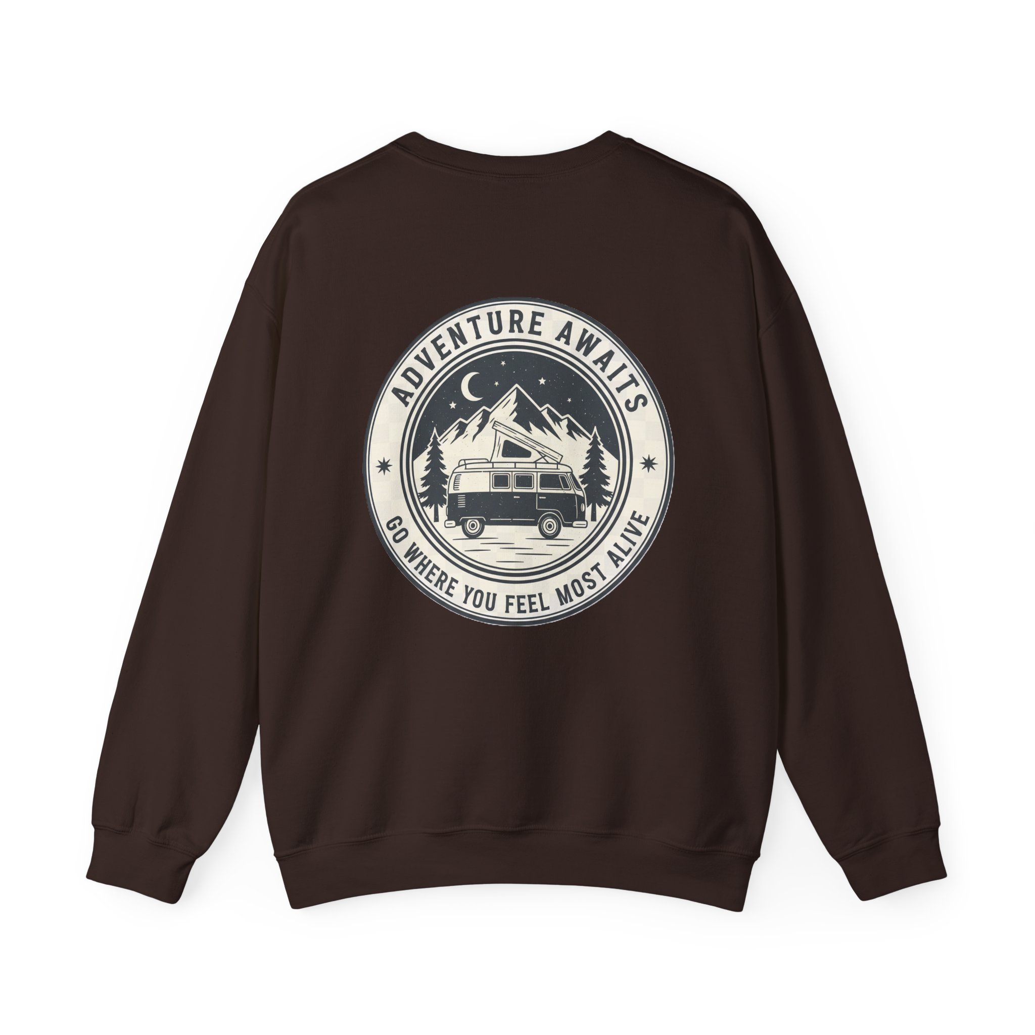 12517358950214968479_2048.jpeg Crewneck Sweatshirt — "Adventure Awaits-Go Where You Feel Most Alive" (Only Back printed) Vintage Camper Van Outdoor Graphic