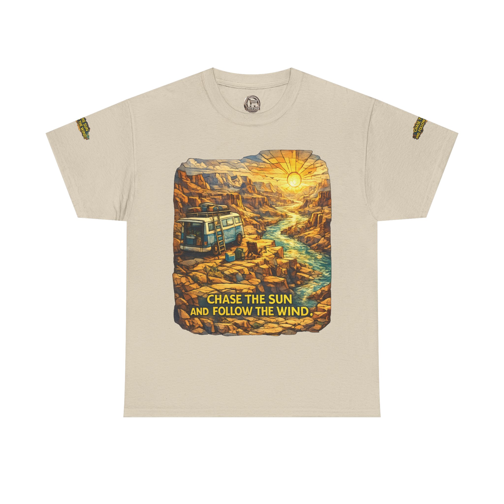 12518386197728910974_2048.jpeg Unisex Heavy Cotton Tee — "Chase The Sun And Follow The Wind" Design Cubic-Line