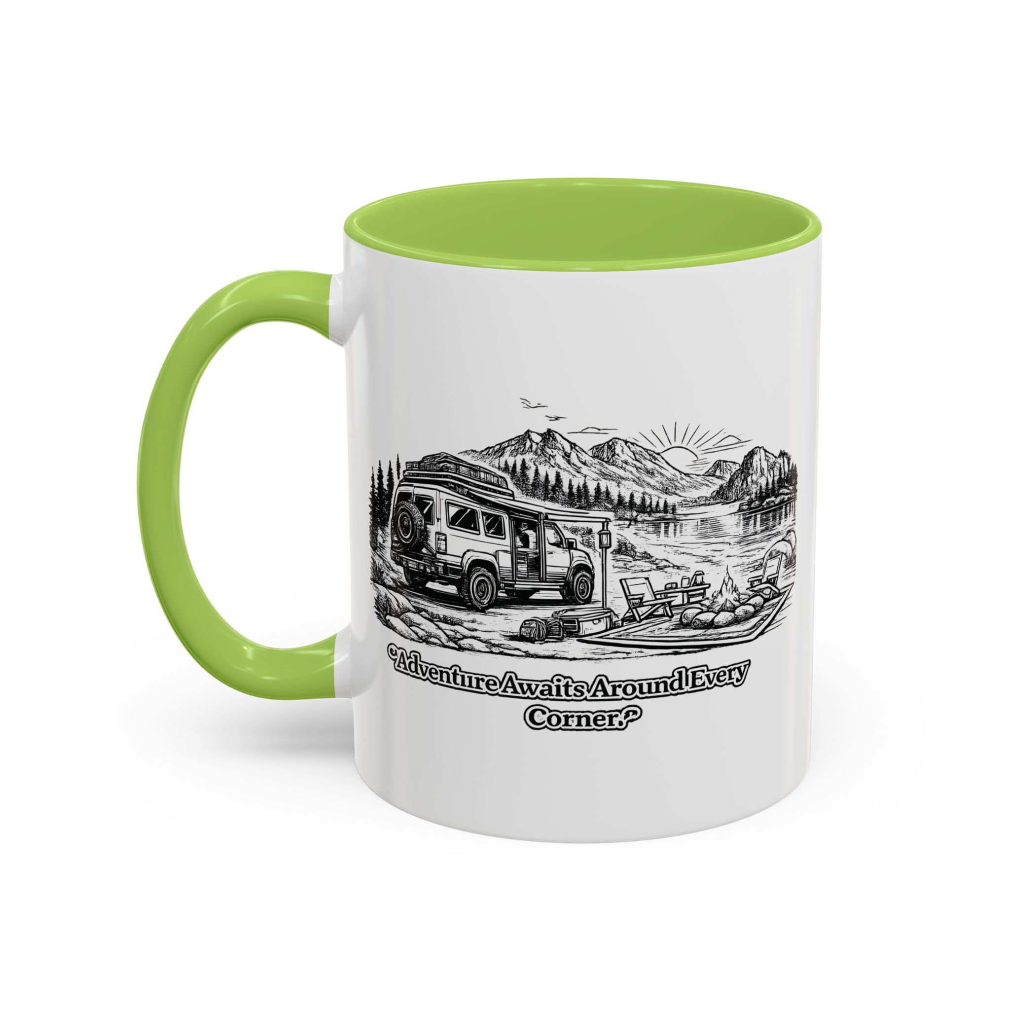Accent Coffee Mug (11, 15oz) — "Adventure Awaits Around Every Corner" Design Minimal-Line