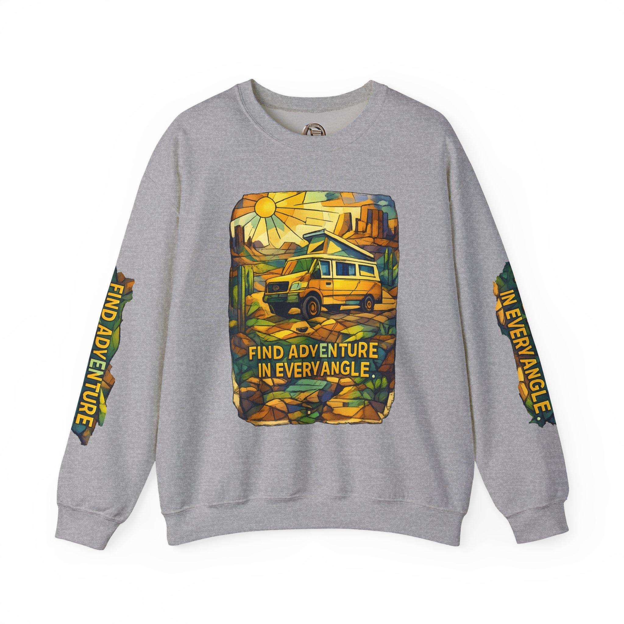 Unisex Heavy Blend™ Crewneck Sweatshirt — "Find Adventure In Every Corner" Design Cubic-Line