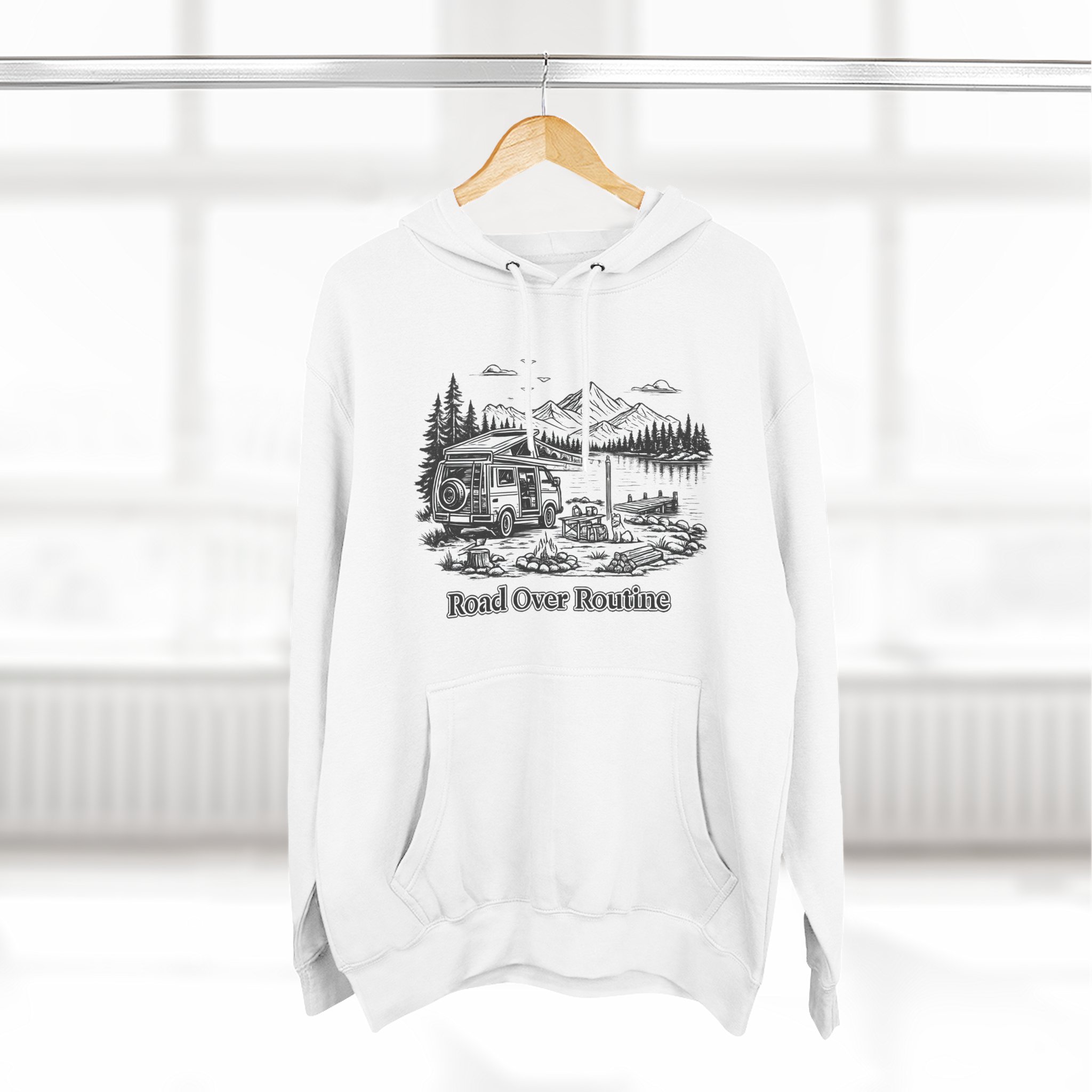 Three-Panel Fleece Hoodie - "Road Over Routine" Design Minimal-Line
