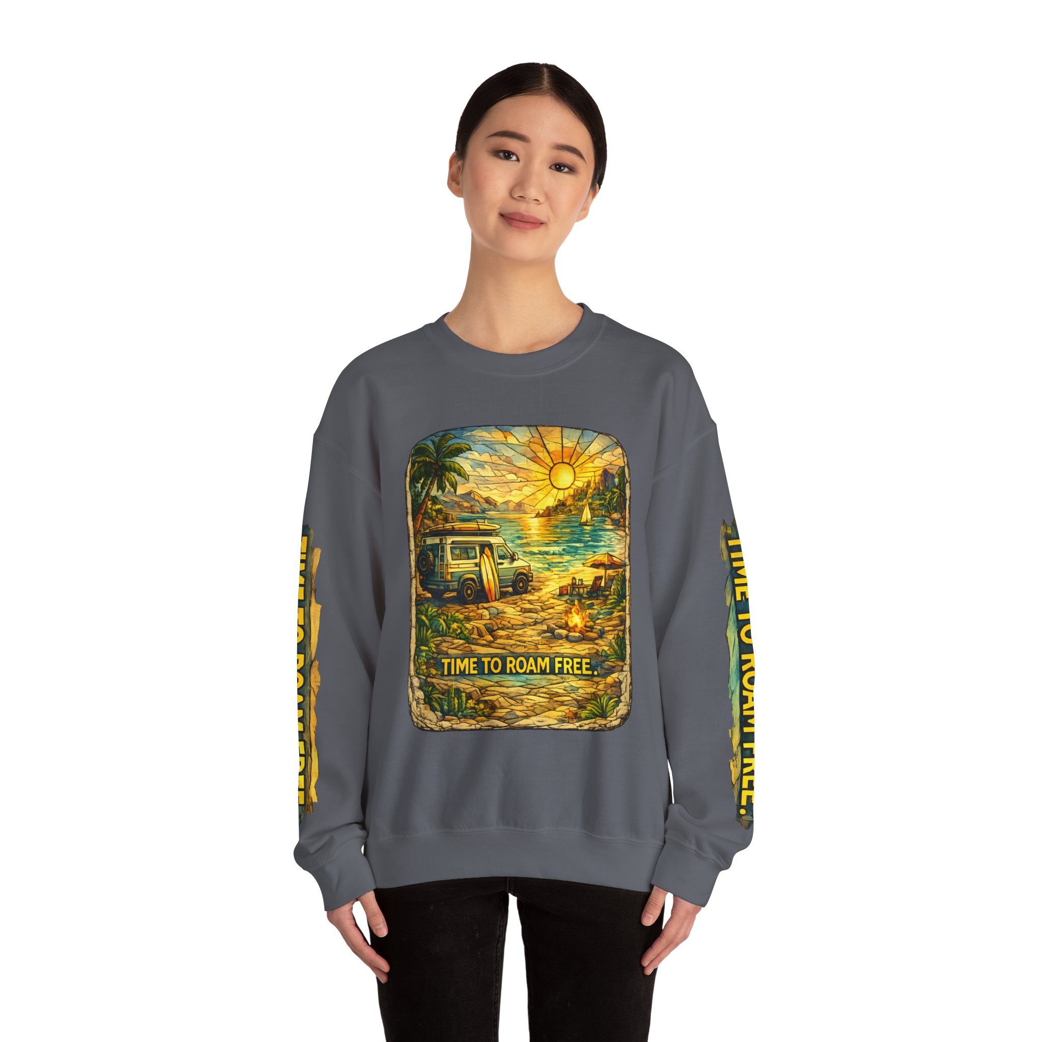 Unisex Heavy Blend™ Crewneck Sweatshirt — "Time To Roam Free" Design Cubic-Line