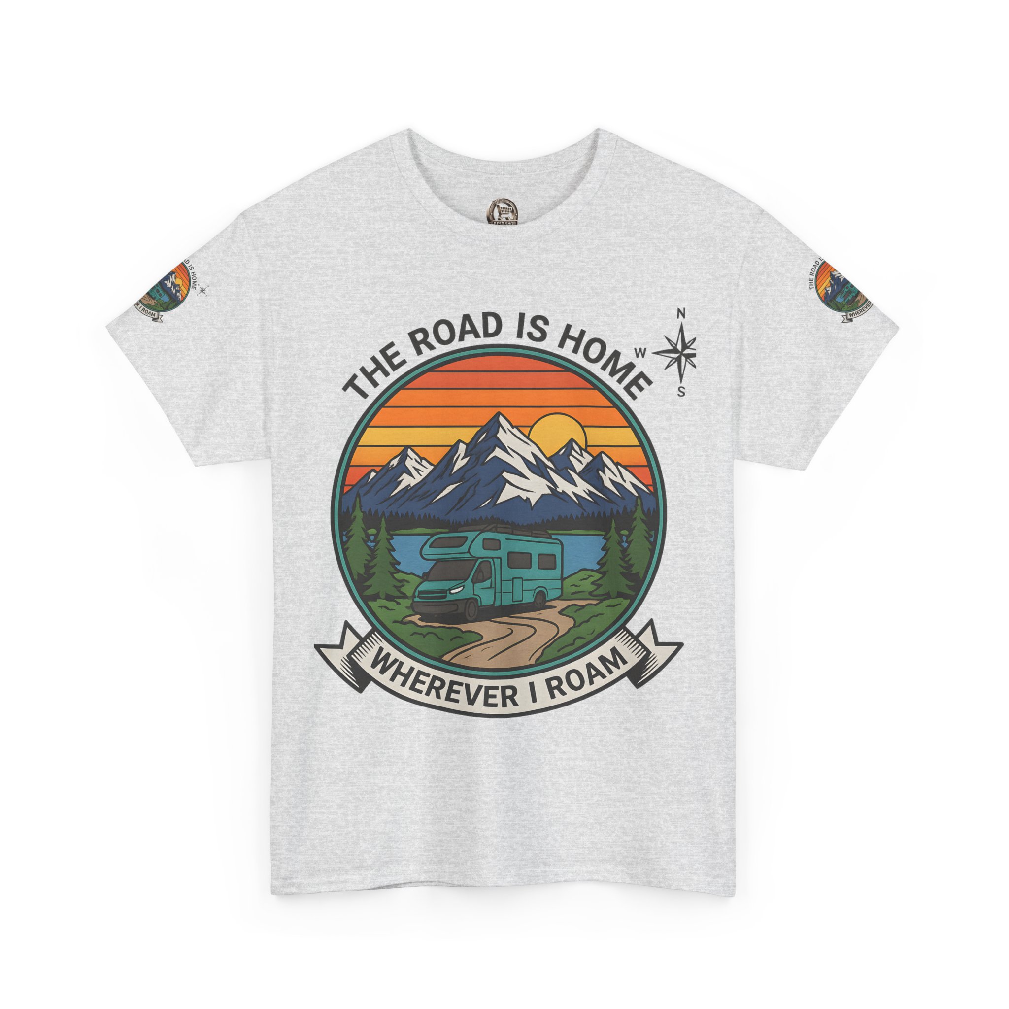Unisex Heavy Cotton Tee  — 'The Road Is Home, Wherever I Roam' Retro Camper Tee
