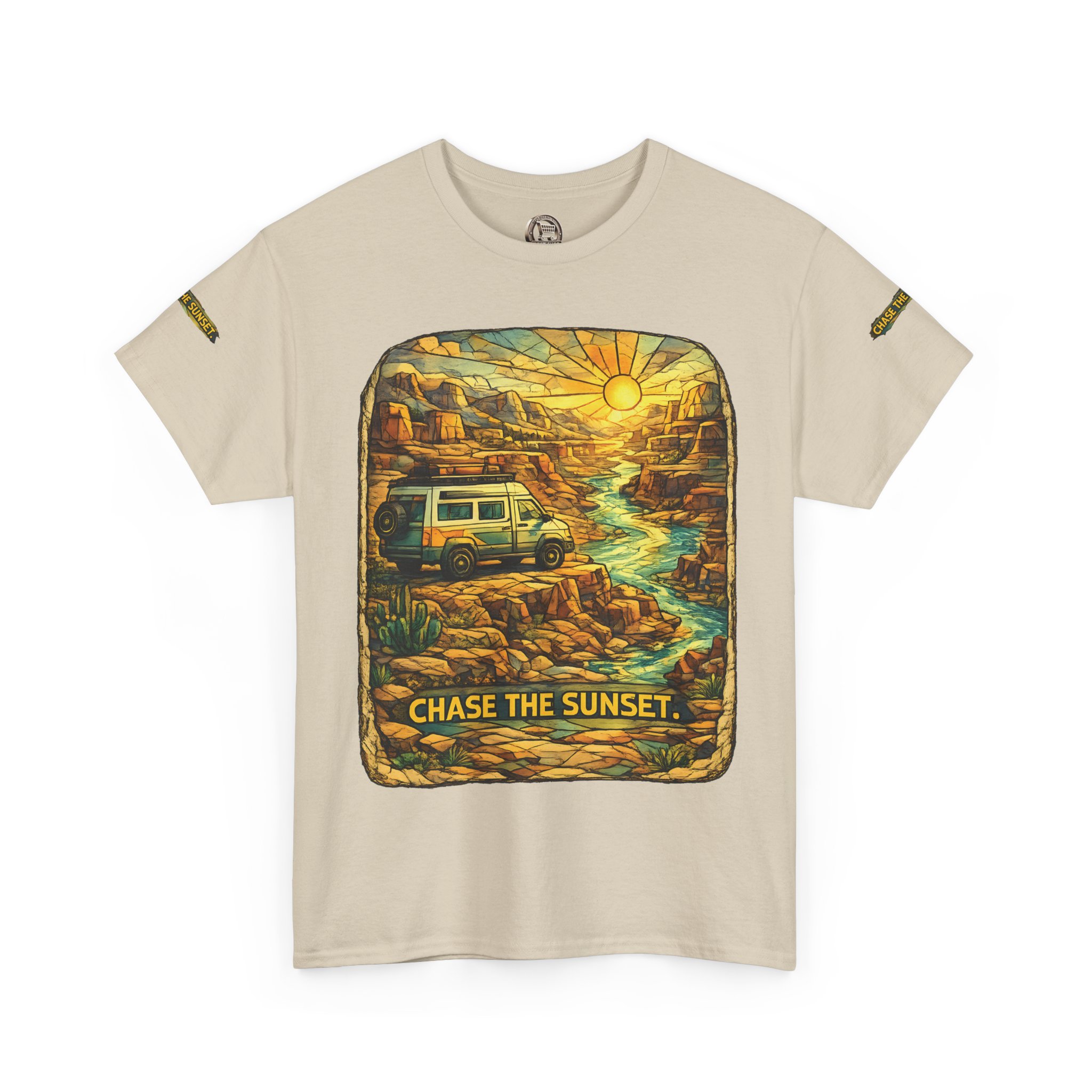 12557277712150956412_2048.jpeg Unisex Heavy Cotton Tee — "Chase The Sunset" Design Cubic-Line