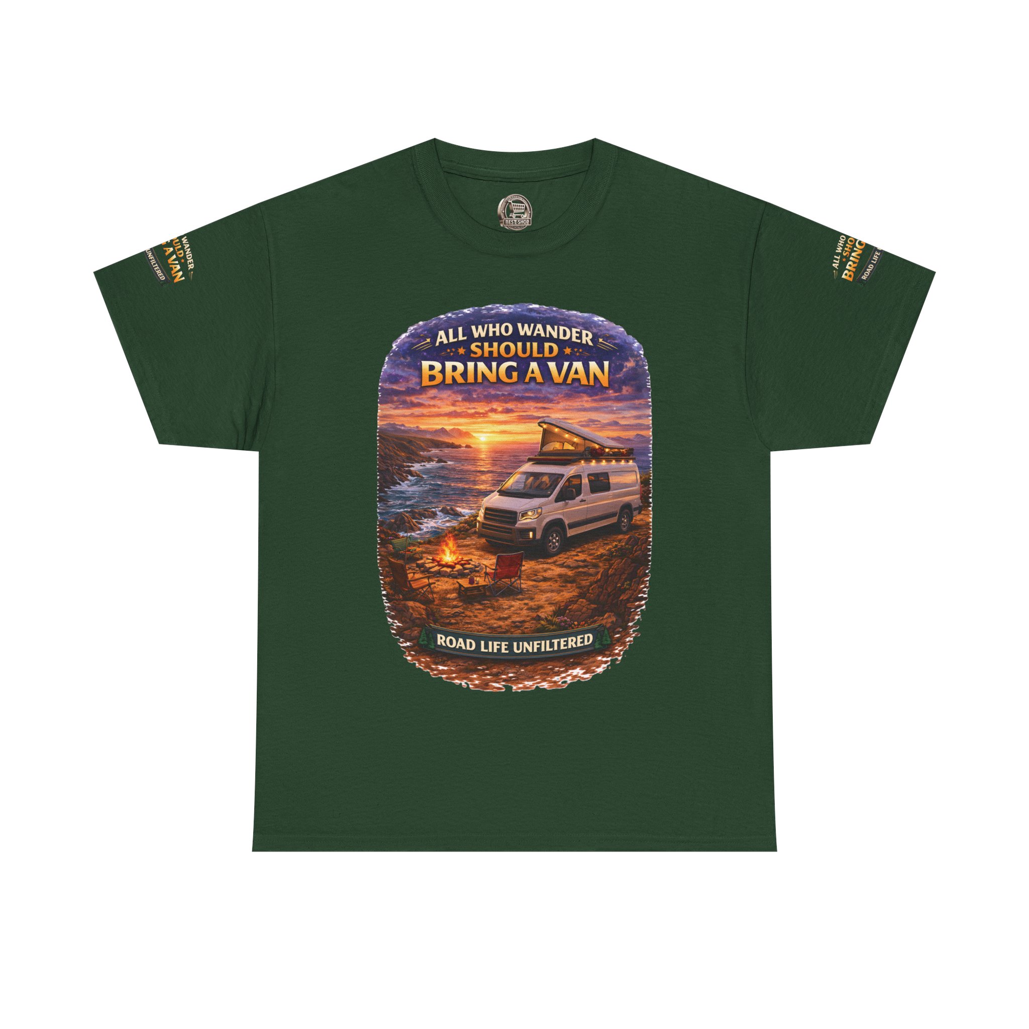 Unisex Heavy Cotton Tee — "All Who wander Should Bring A Van" Design Scenic-Line