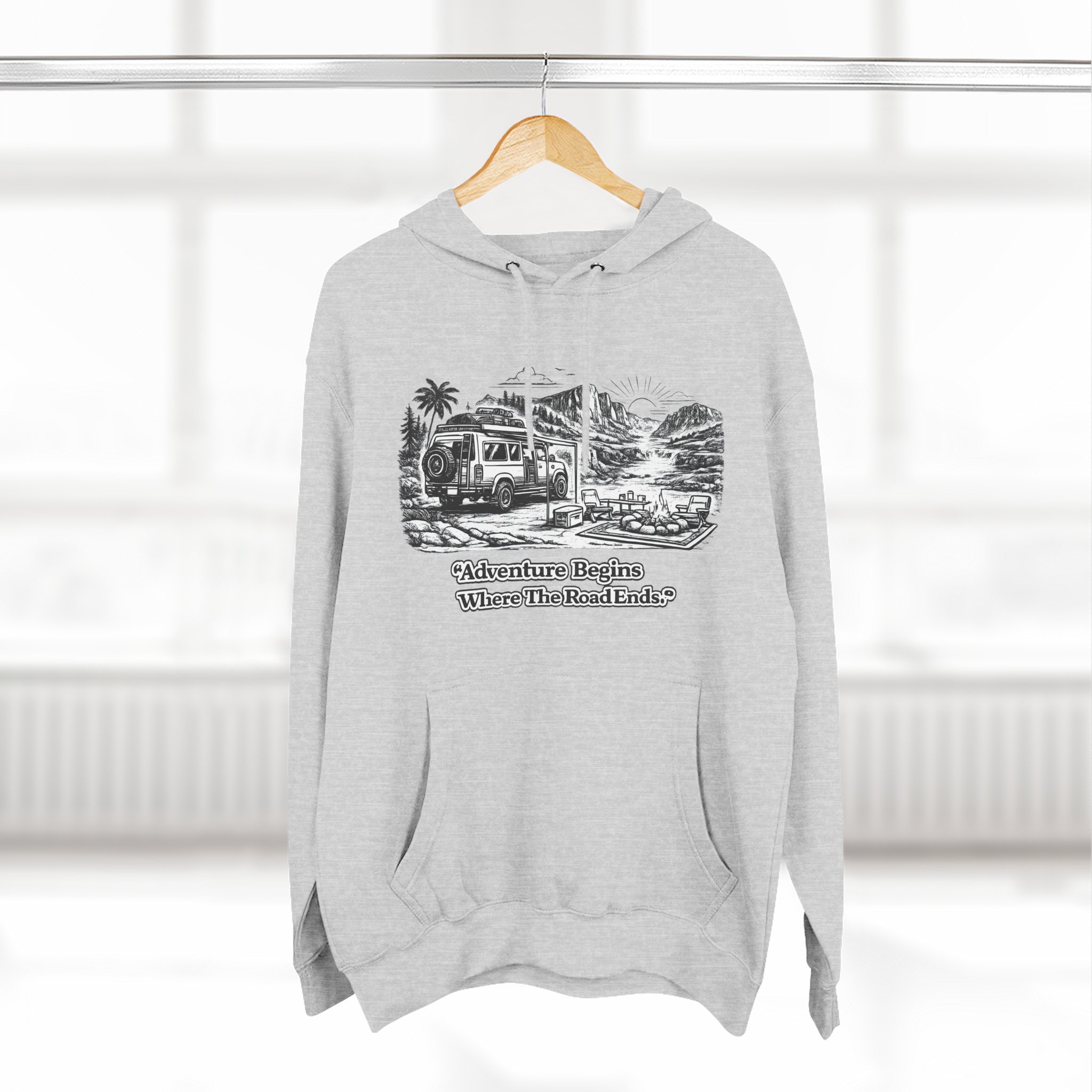 Three-Panel Fleece Hoodie - "Adventure Begins Where The Road Ends" Design Minimal-Line