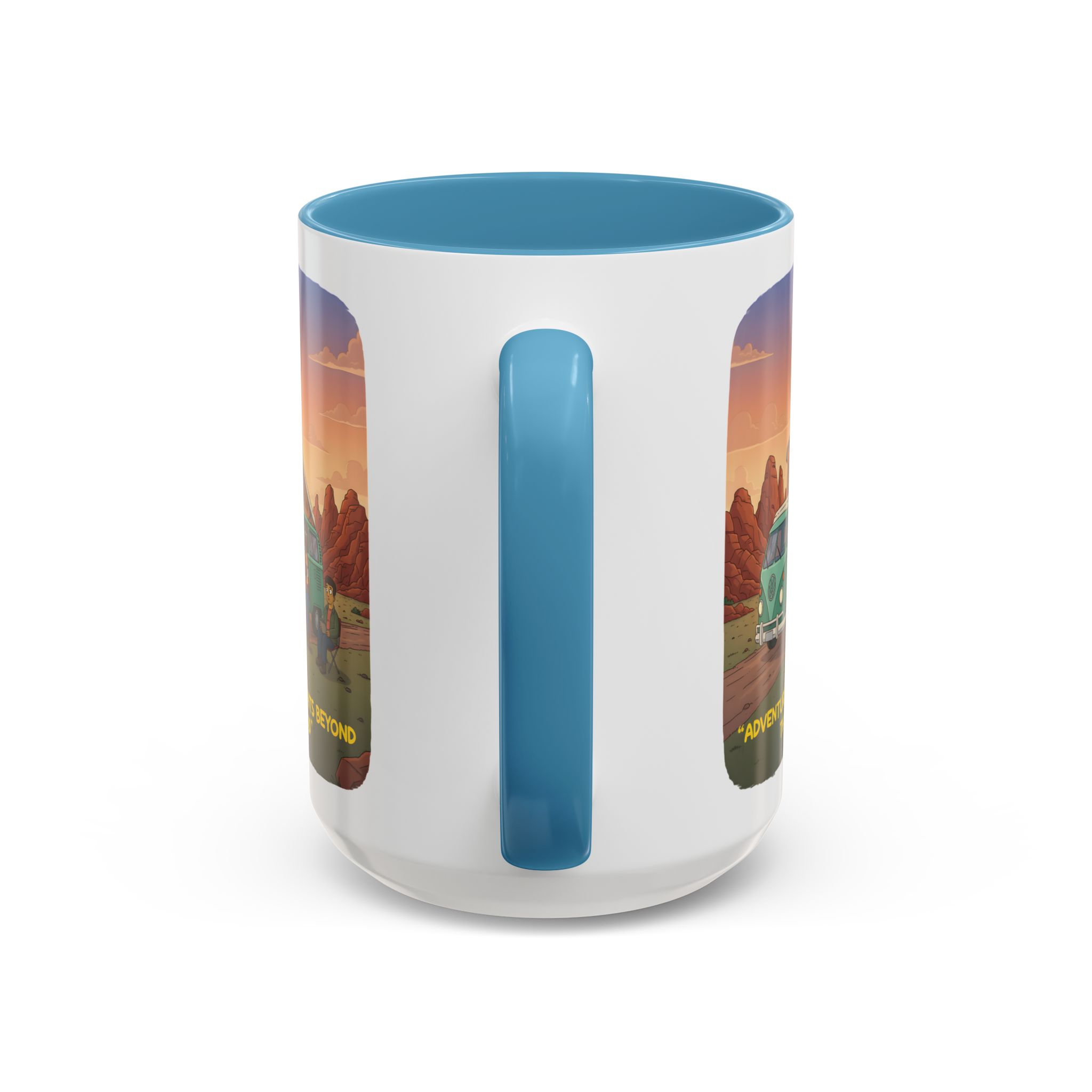 Accent Coffee Mug (11, 15oz) — "Adventure Awaits Beyond The Road" Design Sitcom-Line