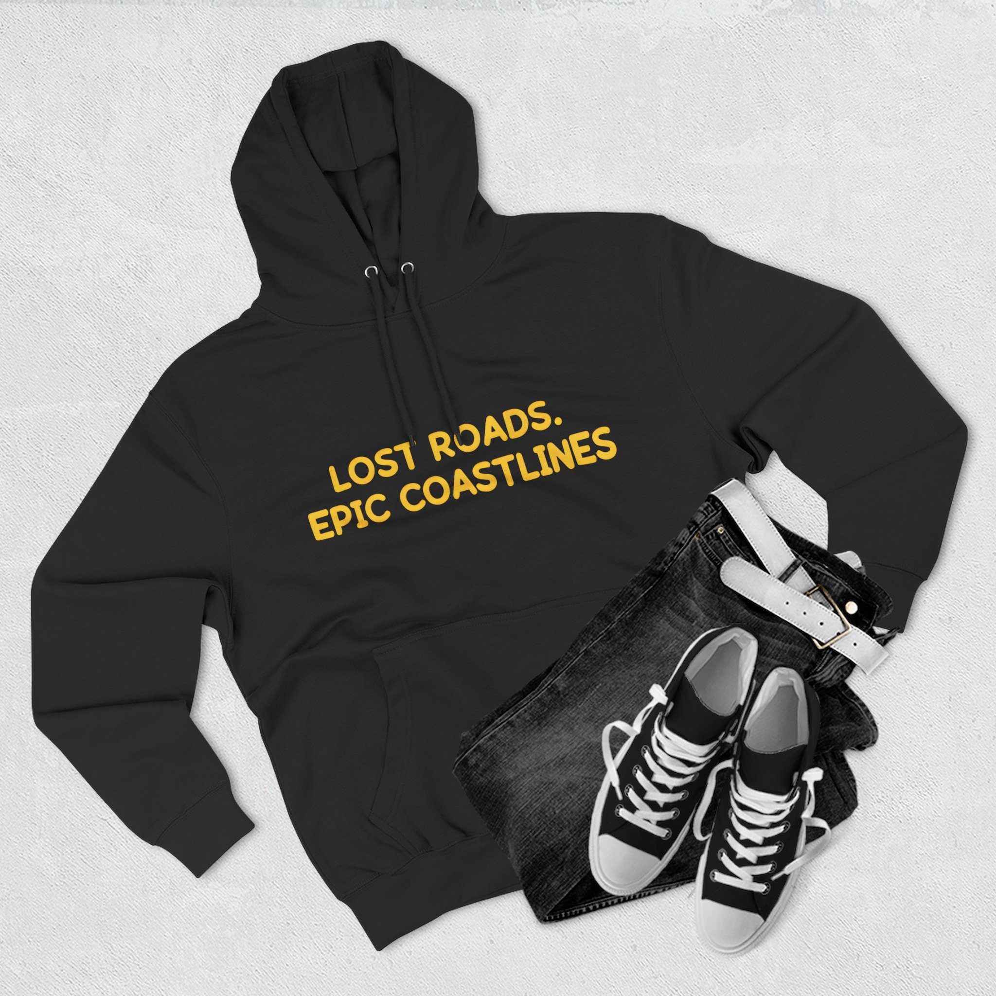 Three-Panel Fleece Hoodie - "Lost Roads Epic Coastlines" Design Sitcom-Line