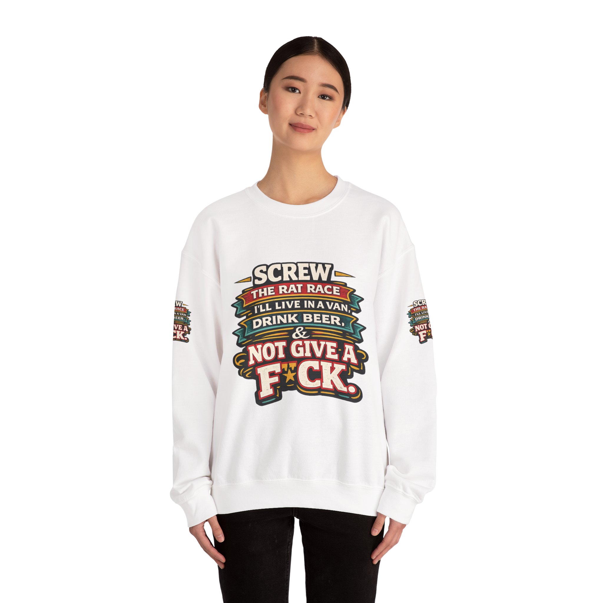 Unisex Heavy Blend™ Crewneck Sweatshirt — "Screw The Rat Race" Design F**K-Line