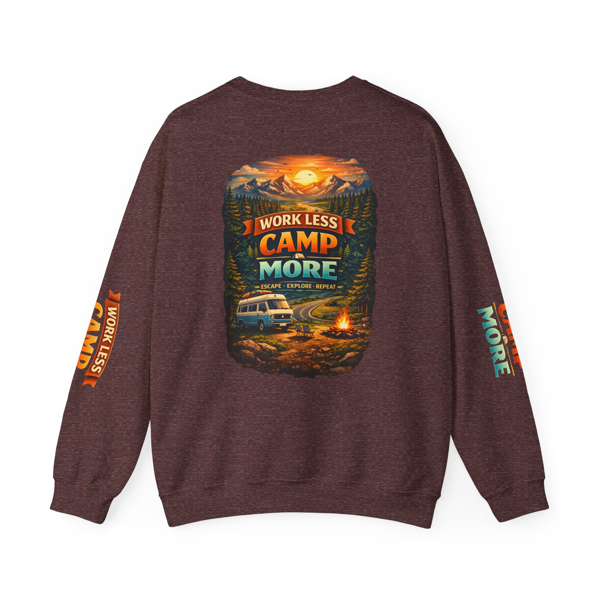 Unisex Heavy Blend™ Crewneck Sweatshirt — "Work Less-Camp More" Design Scenic-Line