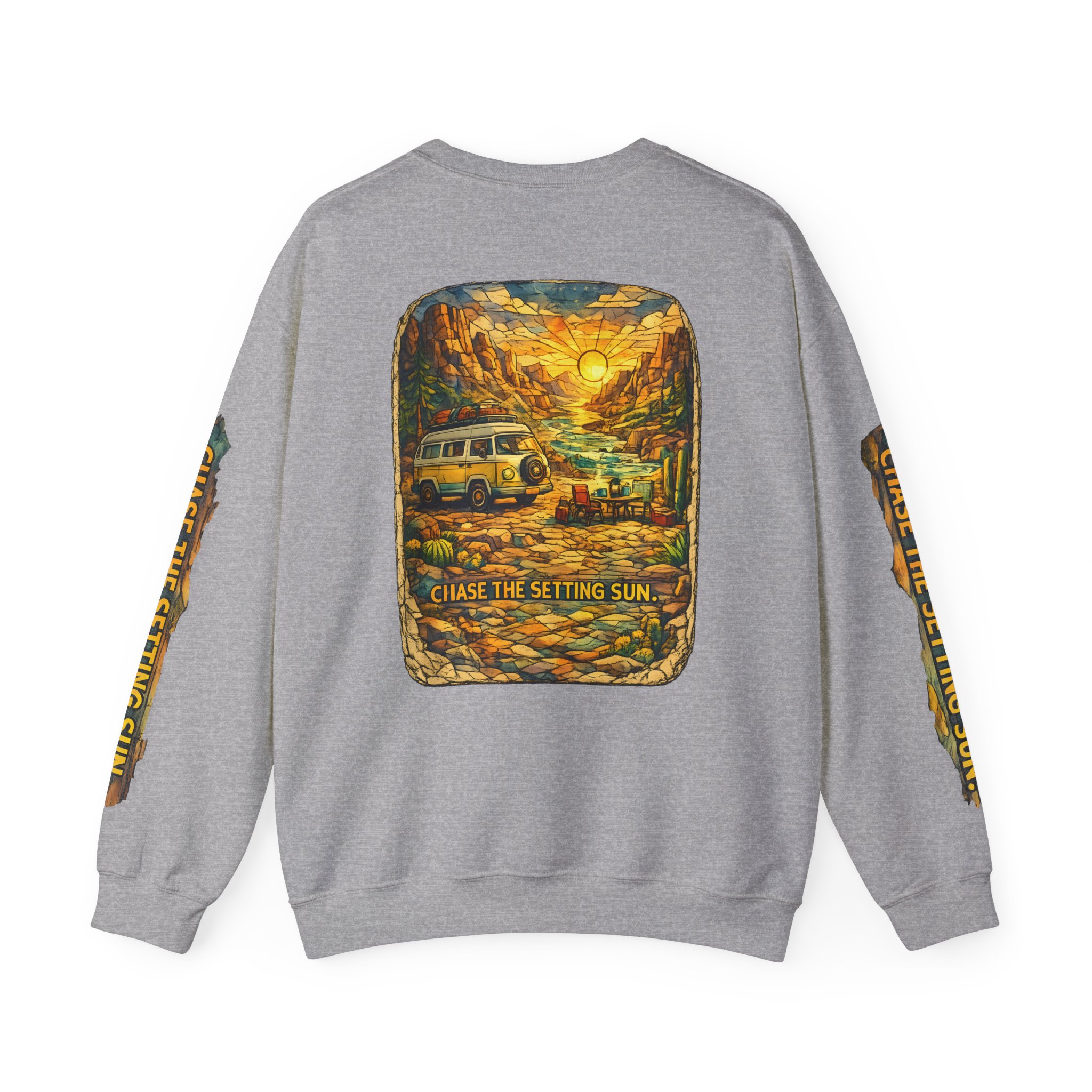 Unisex Heavy Blend™ Crewneck Sweatshirt — "Chase The Settings Sun" Design Cubic-Line