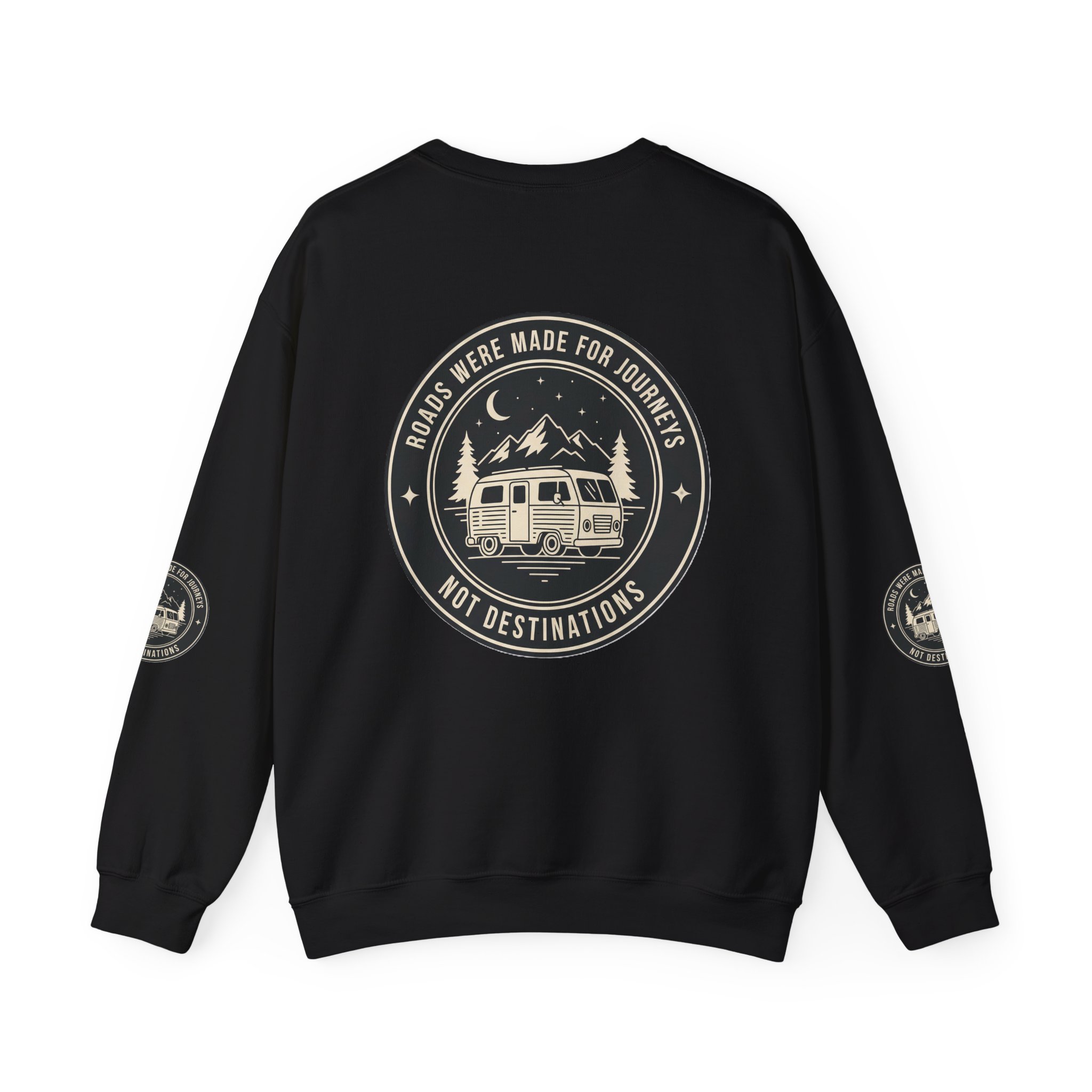 Crewneck Sweatshirt — "ROAD WHERE MADE FOR JOURNEYS-NOT DESTINATIONS" (Font + Back + Sleaves printed) Vintage Camper Van Outdoor Graphic