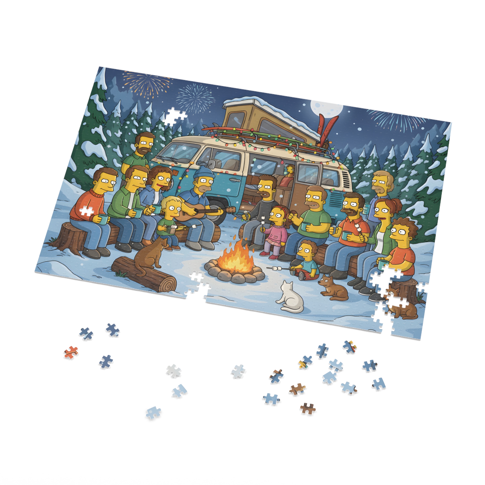 Jigsaw Puzzle with Tin — Winter Campfire Scene