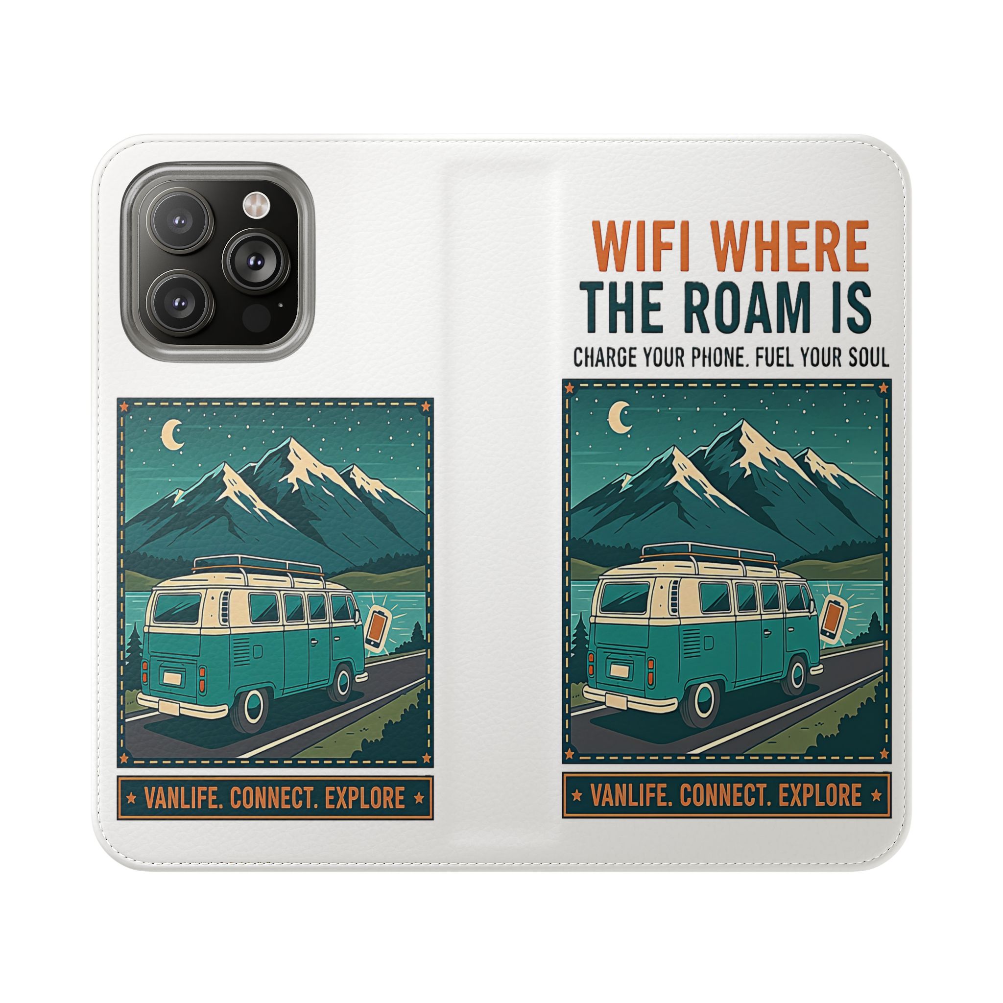 Flip Phone Case — “WiFi Where the Roam Is” Vanlife Wallet Case