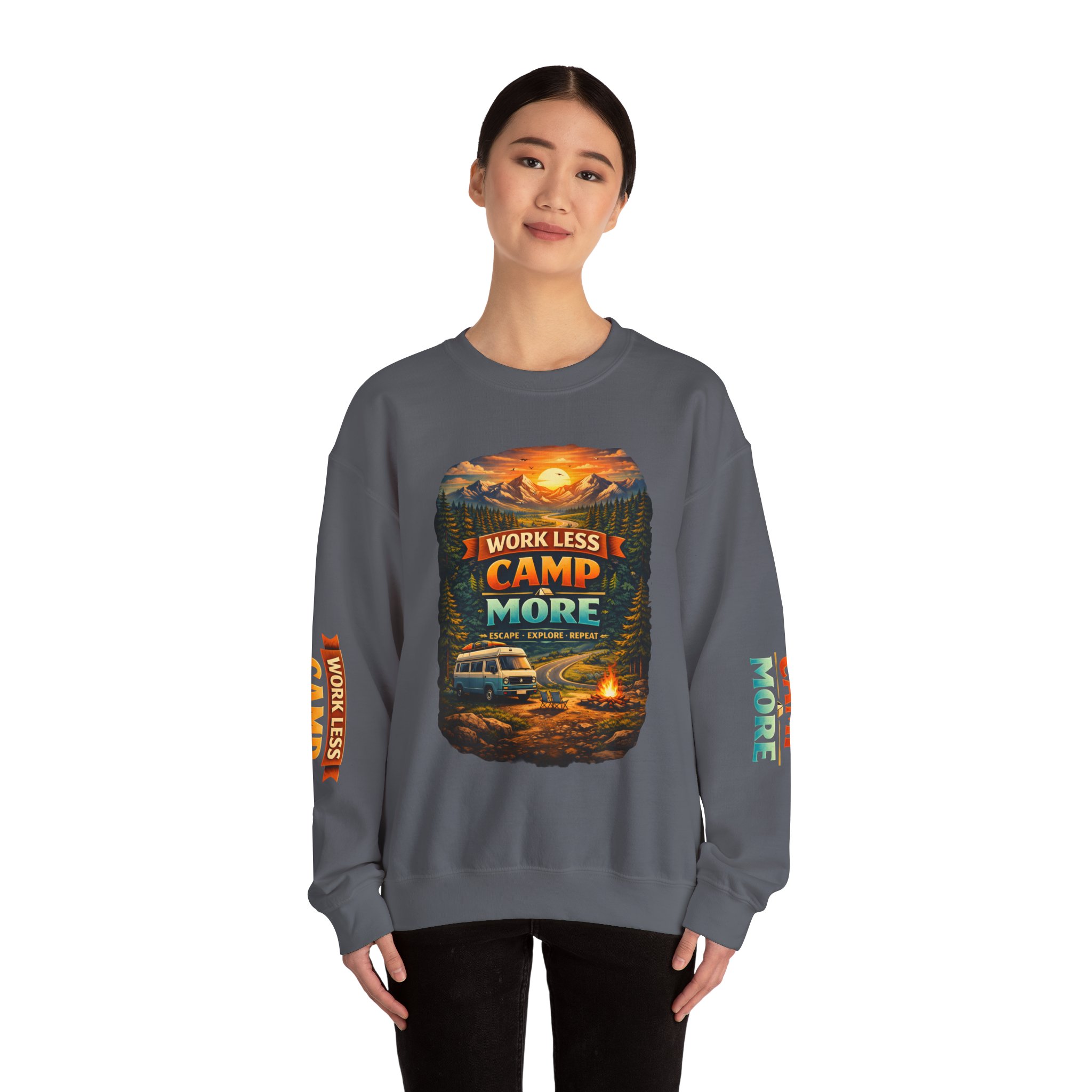 Unisex Heavy Blend™ Crewneck Sweatshirt — "Work Less-Camp More" Design Scenic-Line
