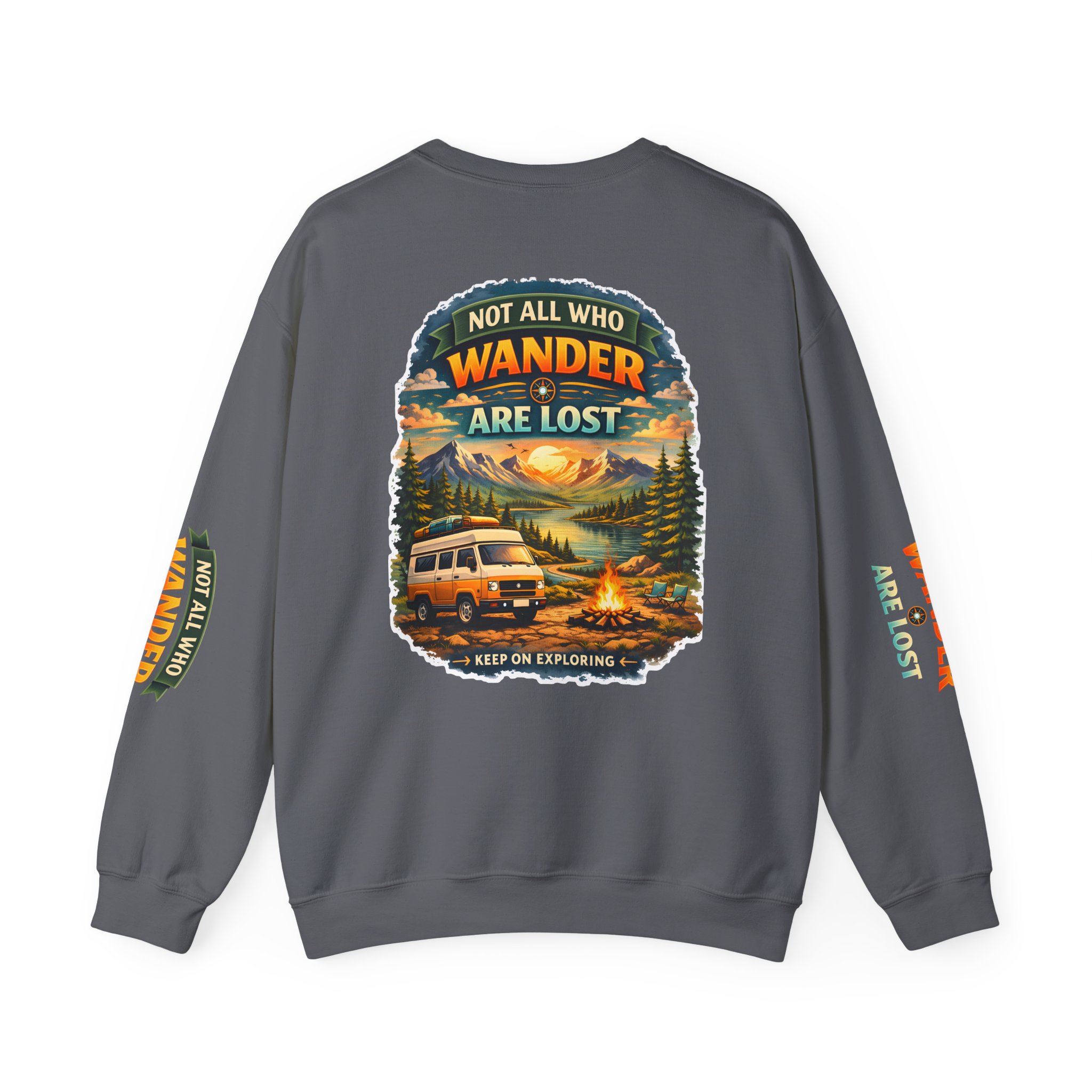 Unisex Heavy Blend™ Crewneck Sweatshirt — "Not All Who Wander Are Lost" Design Scenic-Line