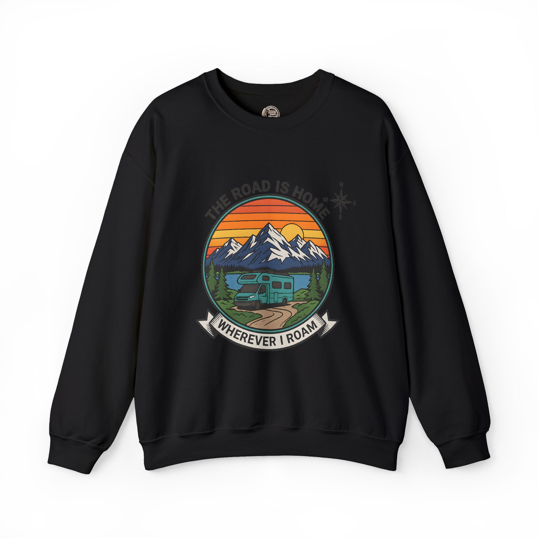 Crewneck Sweatshirt — "The Road Is Home" RV Camper Mountain Adventure