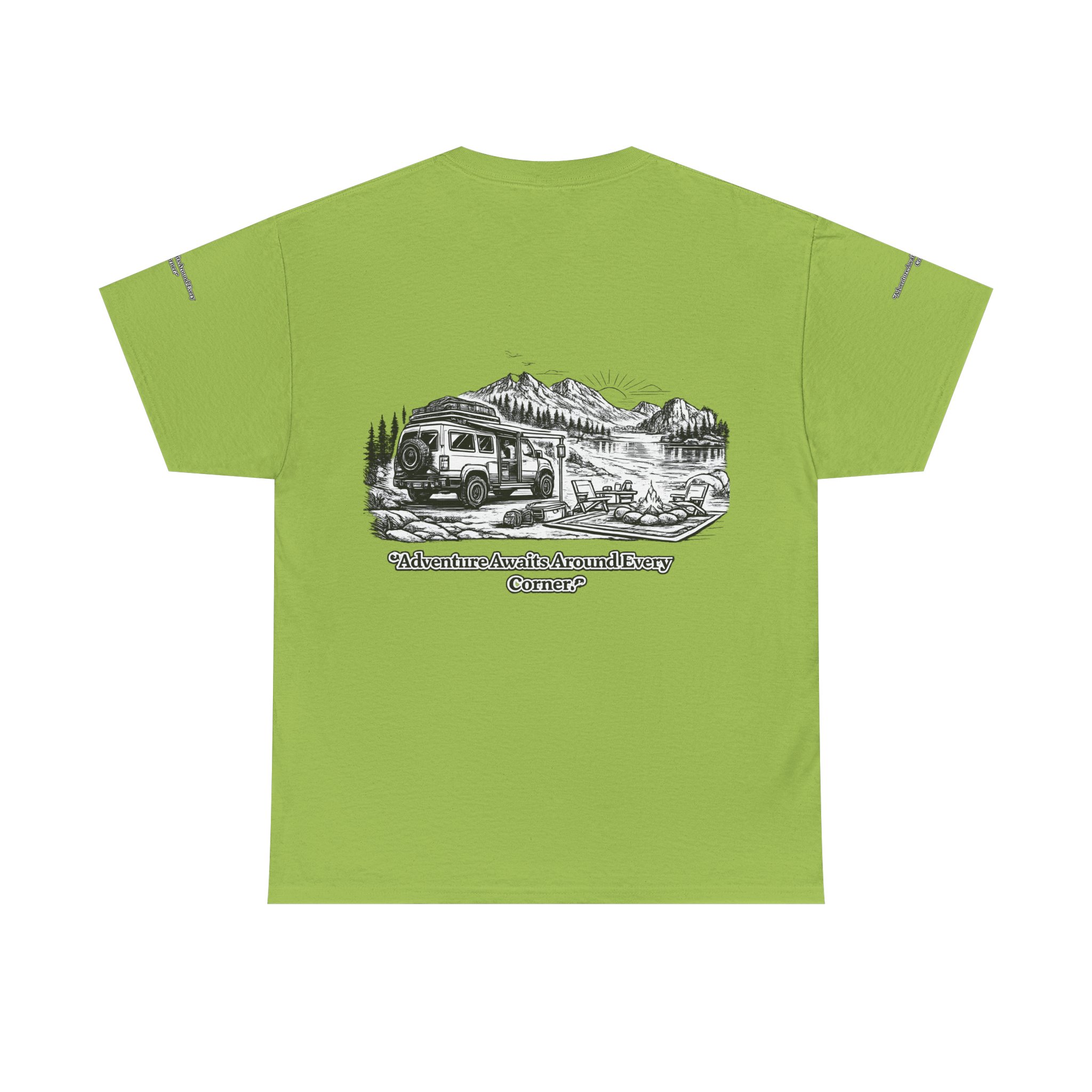 Unisex Heavy Cotton Tee — "Adventure Awaits Around Every Corner" Design Minimal-Line
