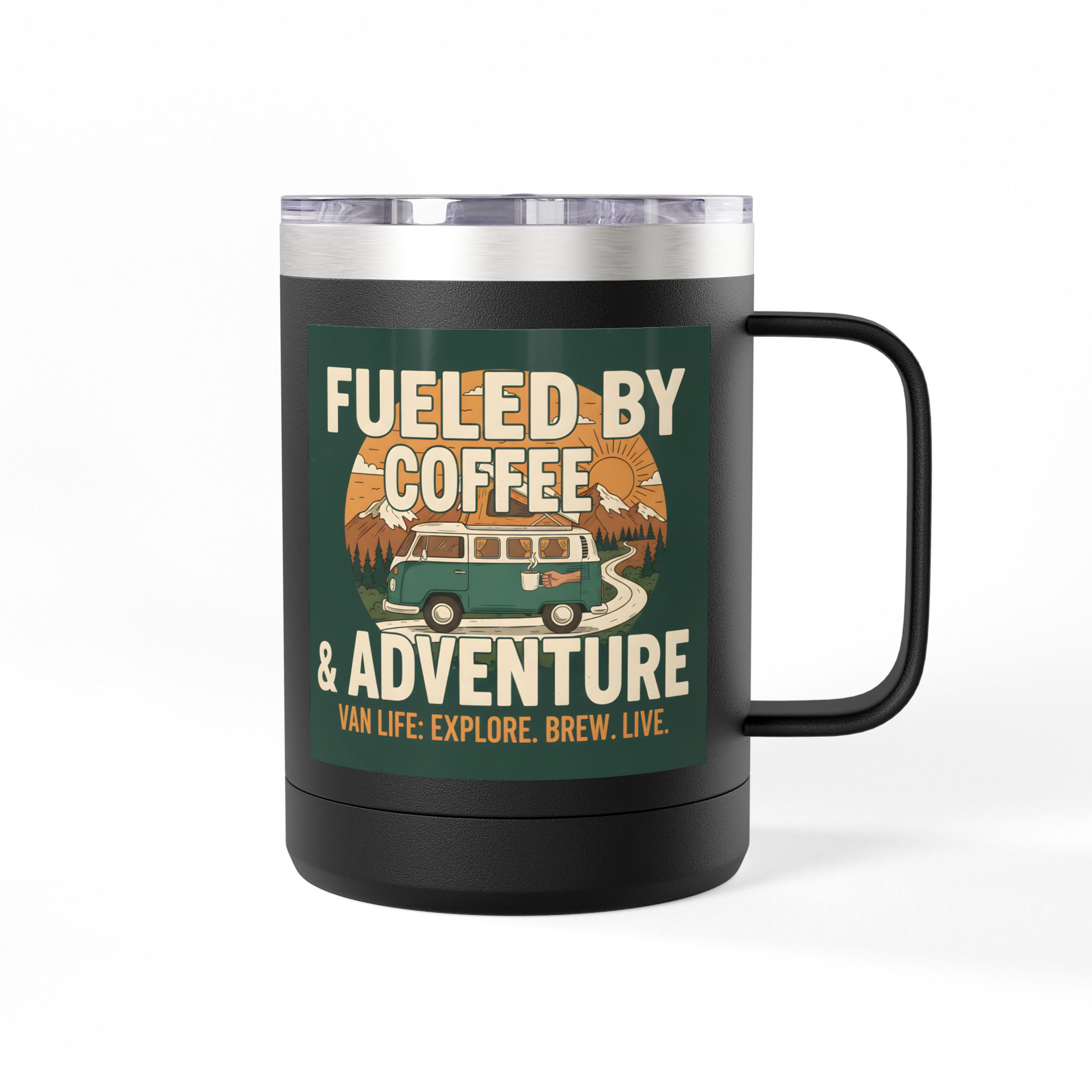 Coffee Mug Tumbler, 15oz — "Fueled by Coffee & Adventure"