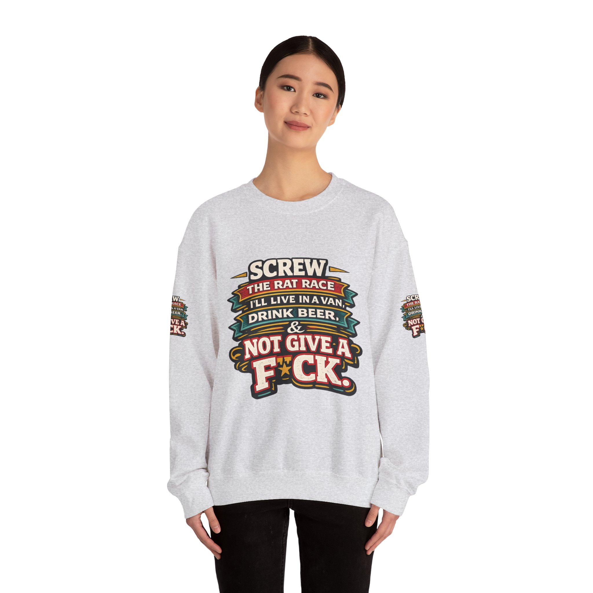 Unisex Heavy Blend™ Crewneck Sweatshirt — "Screw The Rat Race" Design F**K-Line
