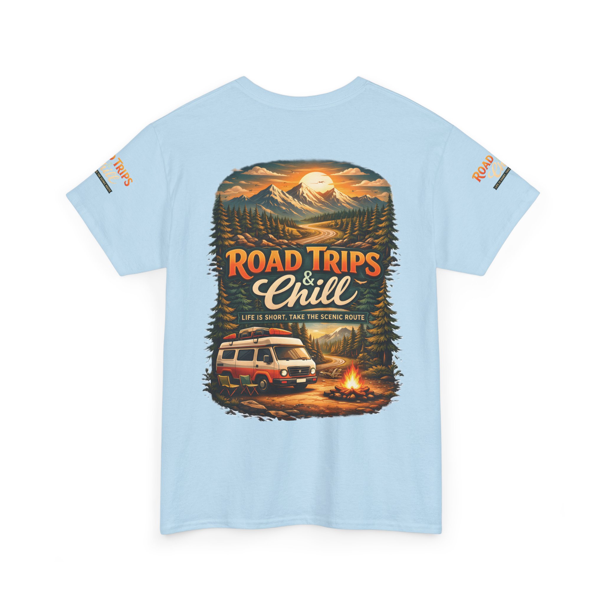 Unisex Heavy Cotton Tee — "Road Trips & Chill" Design Scenic-Line