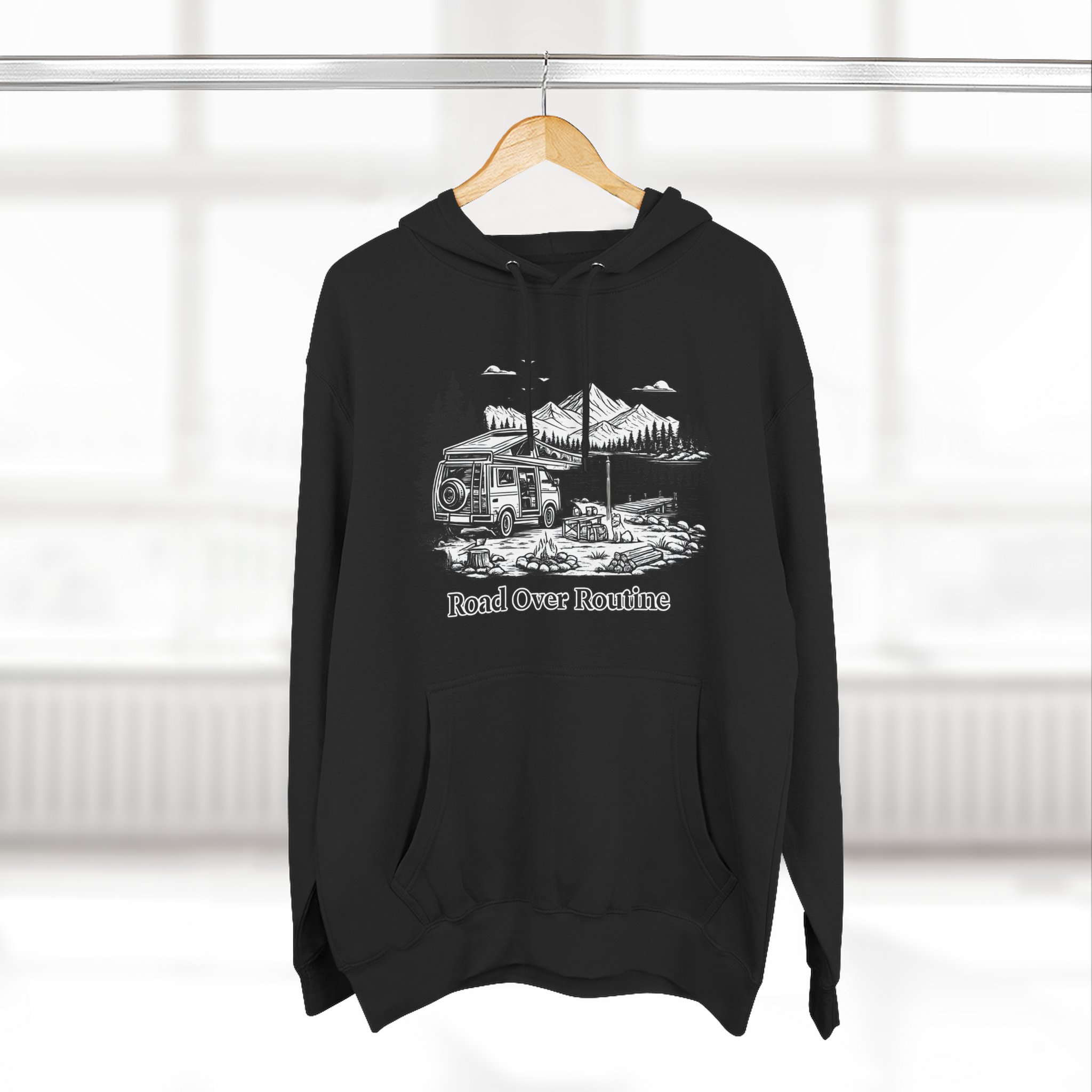 Three-Panel Fleece Hoodie - "Road Over Routine" Design Minimal-Line