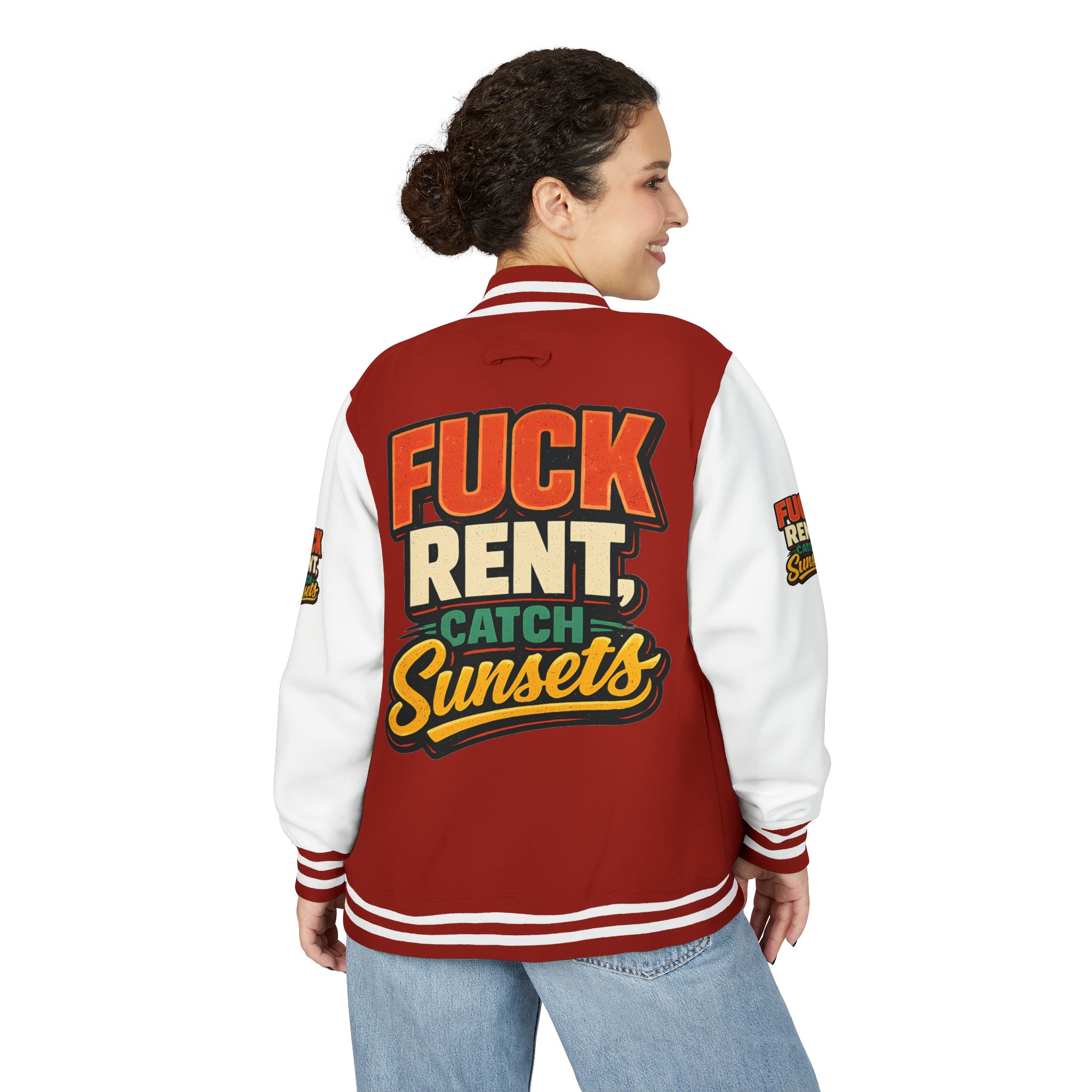 12671305527913515342_2048-2.jpeg Unisex Heavyweight Letterman Jacket — "Fuck Rent Catch Sunsets" Design F**K-Line