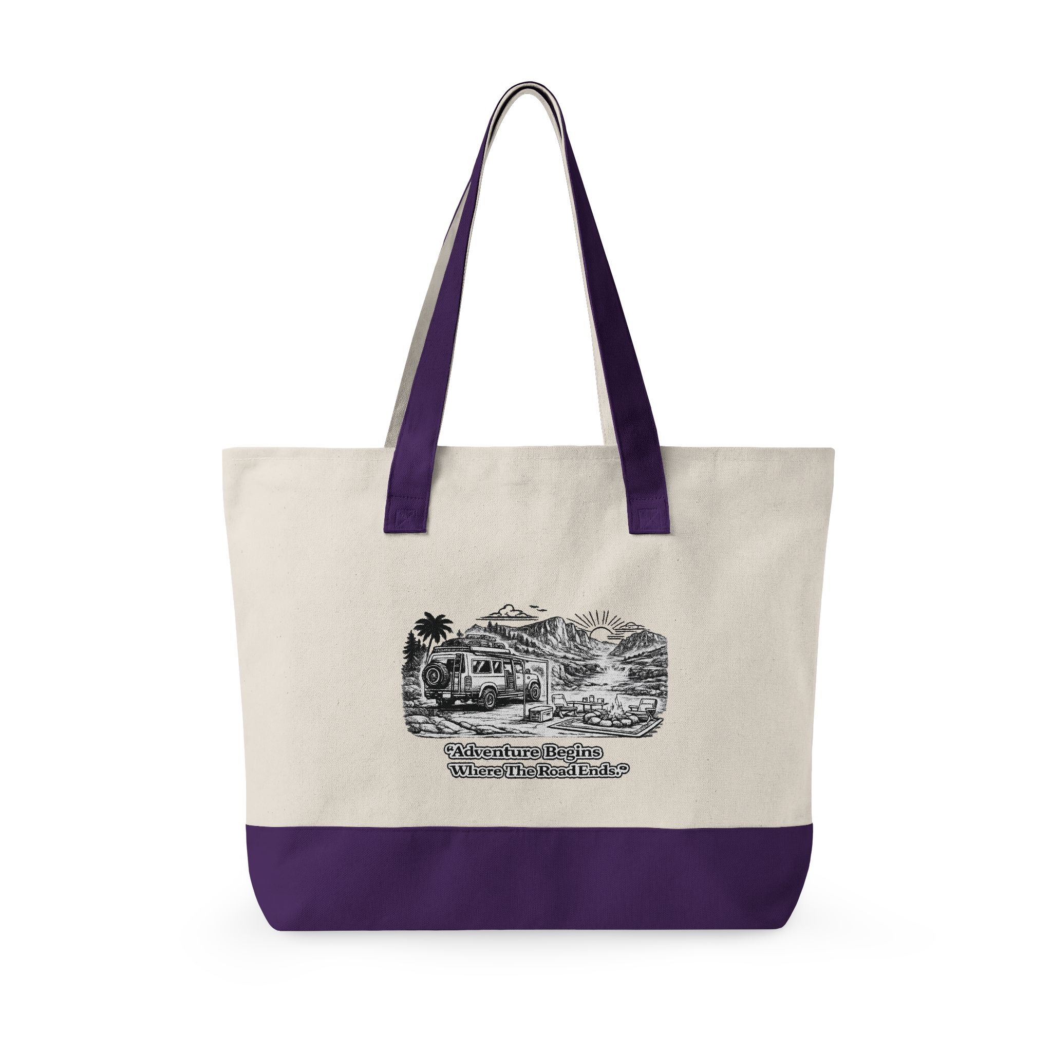 Zippered Canvas Tote — "Adventure Begins Where the Road Ends" (Design Minimal-Line)