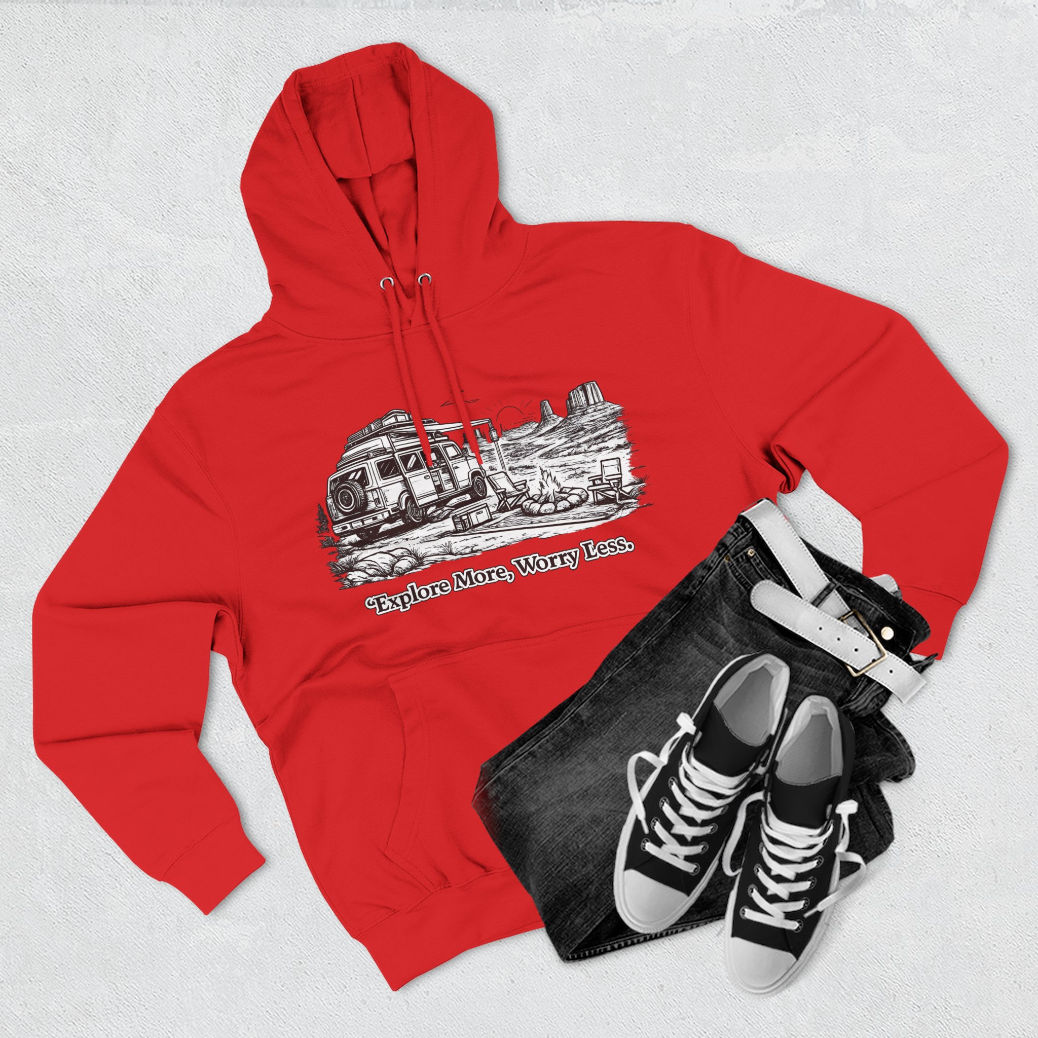 Three-Panel Fleece Hoodie - "Explore More Worry Less" Design Minimal-Line