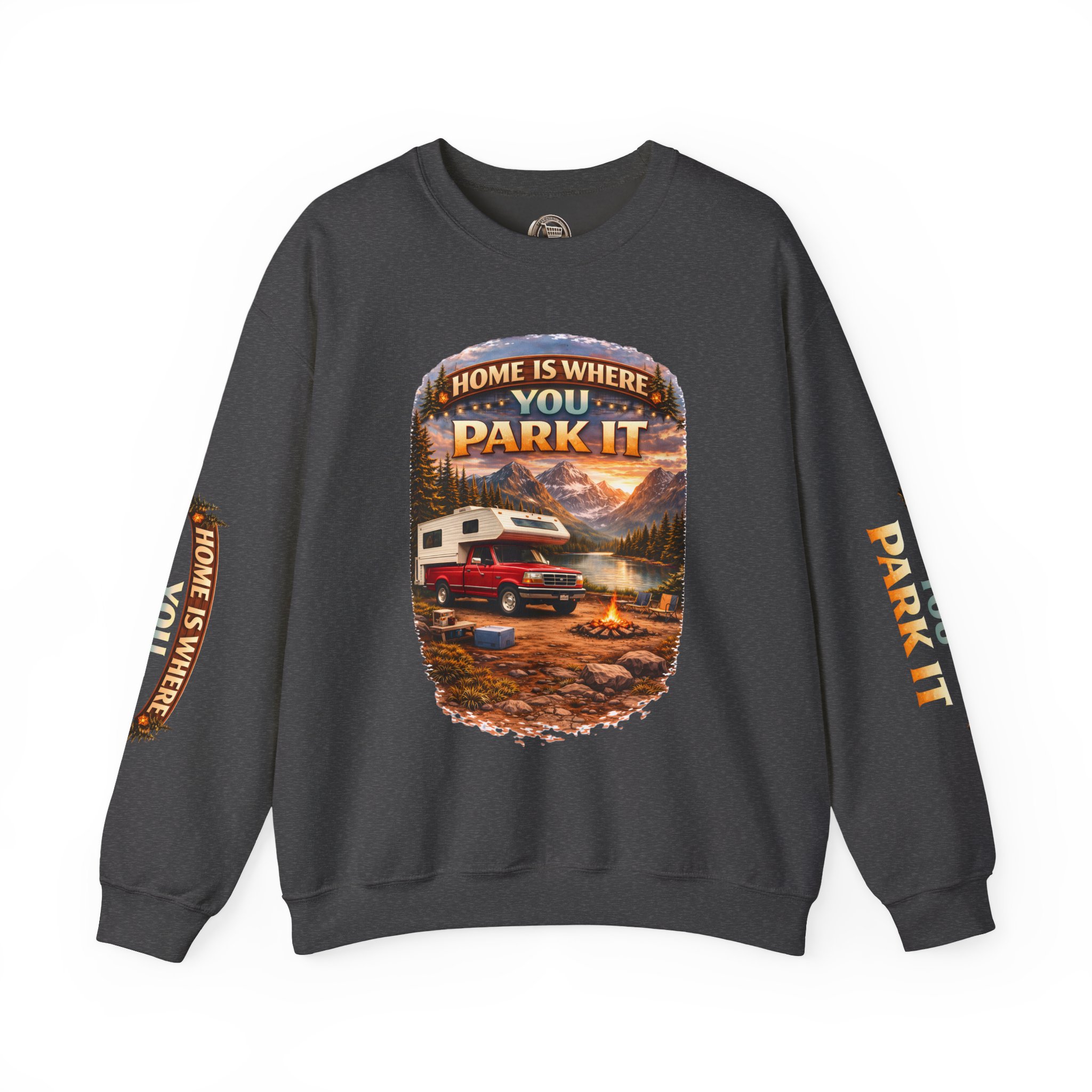 Unisex Heavy Blend™ Crewneck Sweatshirt — "Home Is Where You Park It" Design Scenic-Line